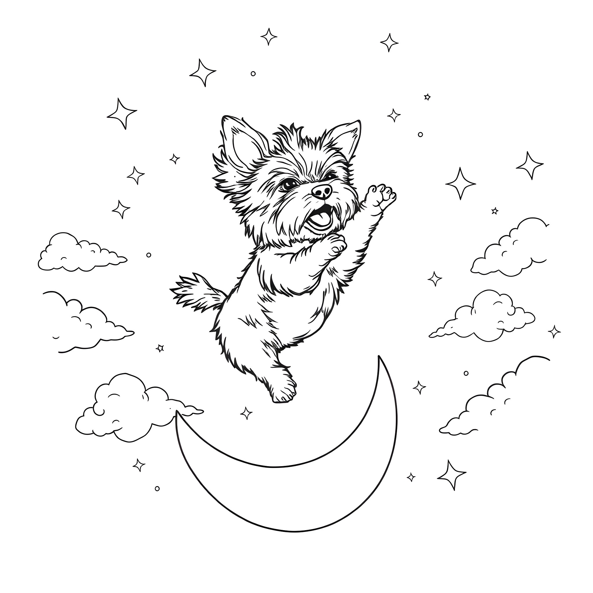 Yorkie jumping joyfully on the moon Coloring Page (free black-and-white line drawing printable PDF for all, from beginners to advanced learners, including children, teens, adults, and seniors)