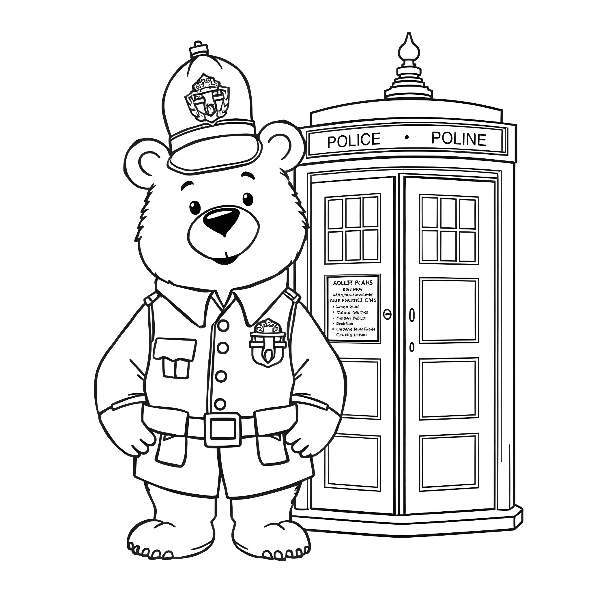 Bear police officer standing next to police box Coloring Page (free black-and-white line drawing printable PDF for all, from beginners to advanced learners, including children, teens, adults, and seniors)