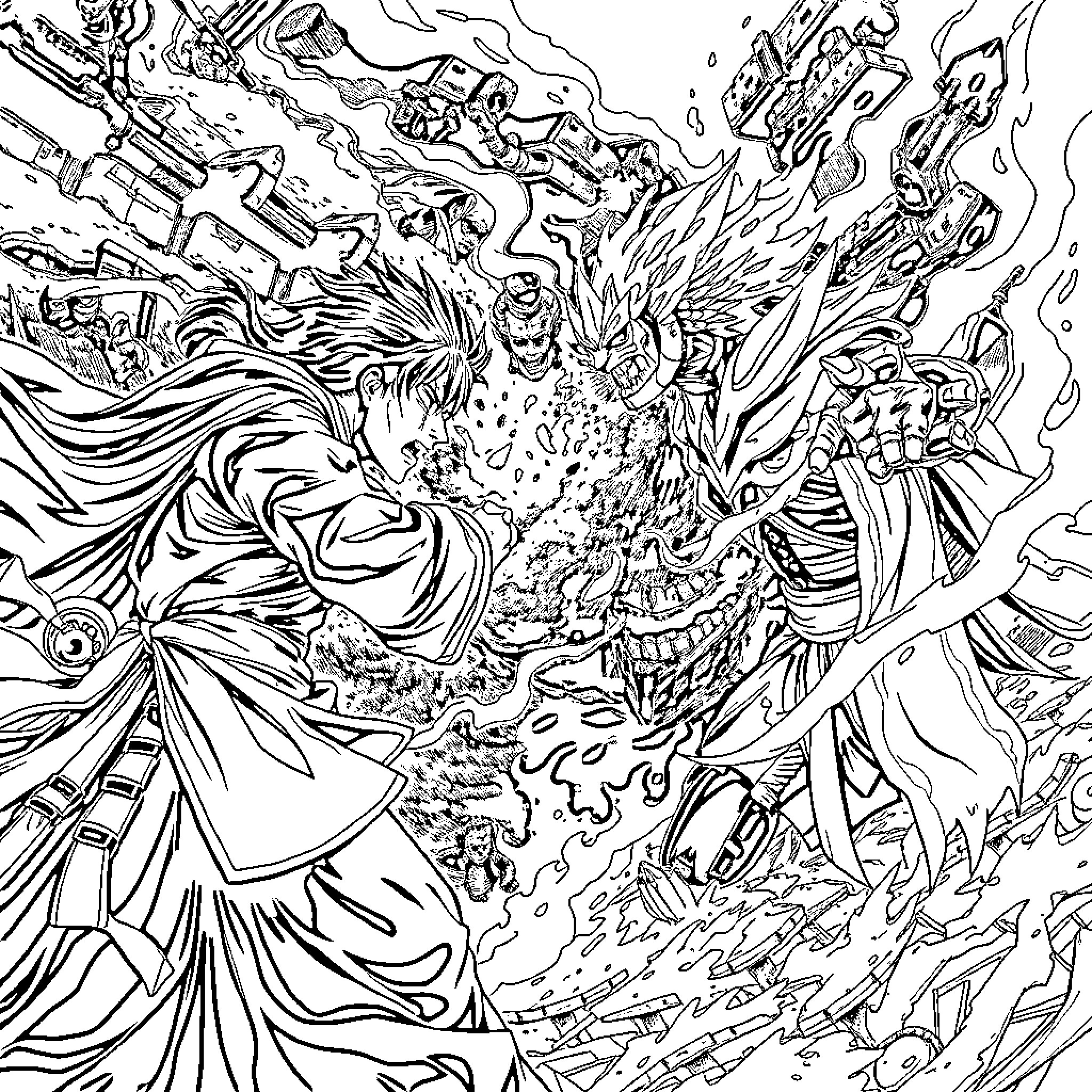 Sung Jinwoo's Heroic Battle Against Monstrous Foes Coloring Page (free black-and-white line drawing printable PDF for all, from beginners to advanced learners, including children, teens, adults, and seniors)