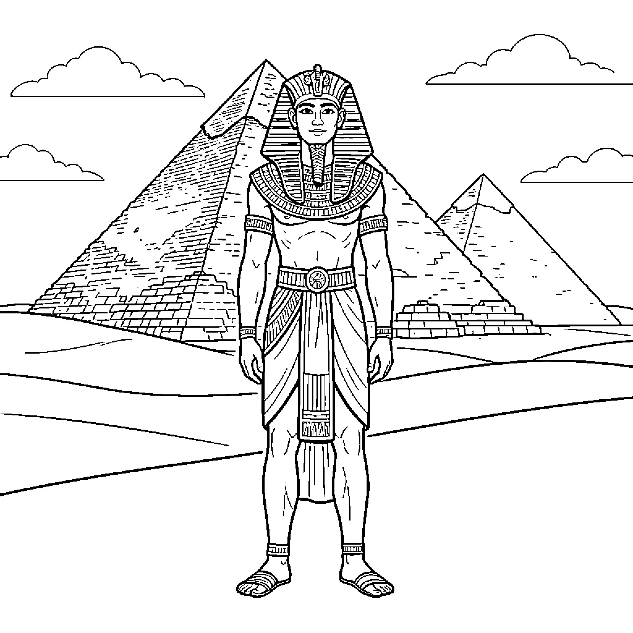 Pharaoh standing regally before the great pyramids Coloring Page (free black-and-white line drawing printable PDF for all, from beginners to advanced learners, including children, teens, adults, and seniors)