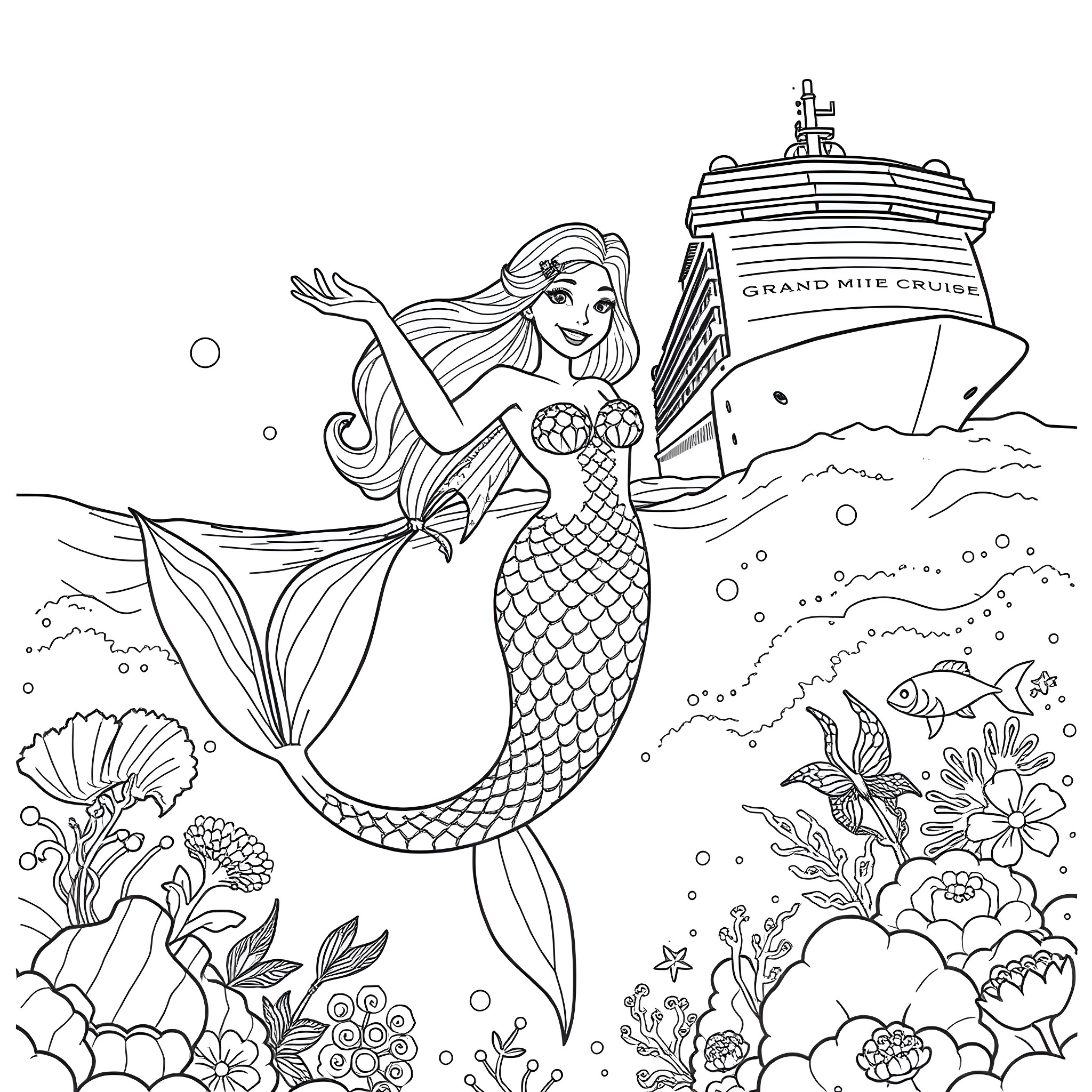 Mermaid waves joyfully on the sea with cruise ship Coloring Page (free black-and-white line drawing printable PDF for all, from beginners to advanced learners, including children, teens, adults, and seniors)