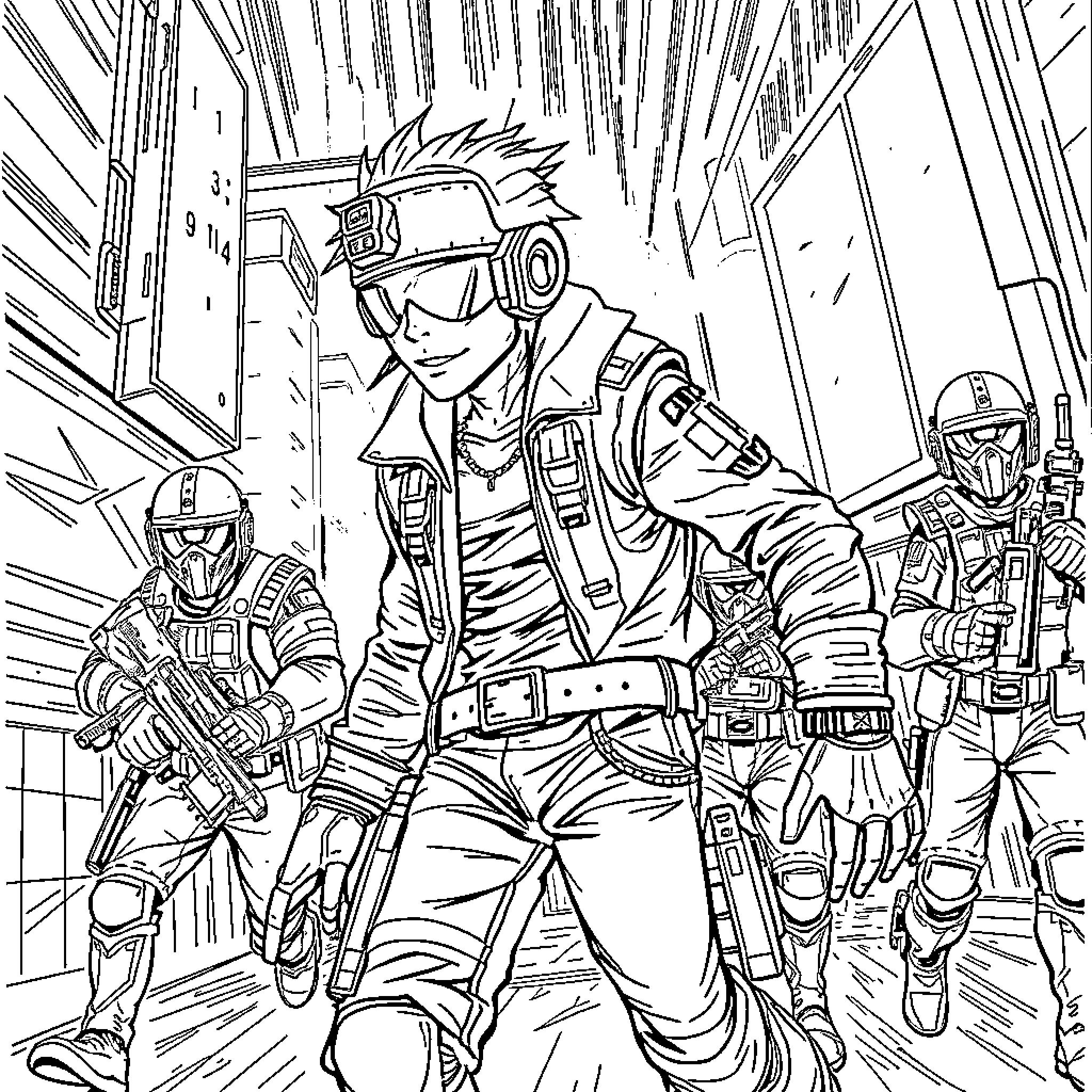 Cyberpunk commandos in intense battle Coloring Page (free black-and-white line drawing printable PDF for all, from beginners to advanced learners, including children, teens, adults, and seniors)