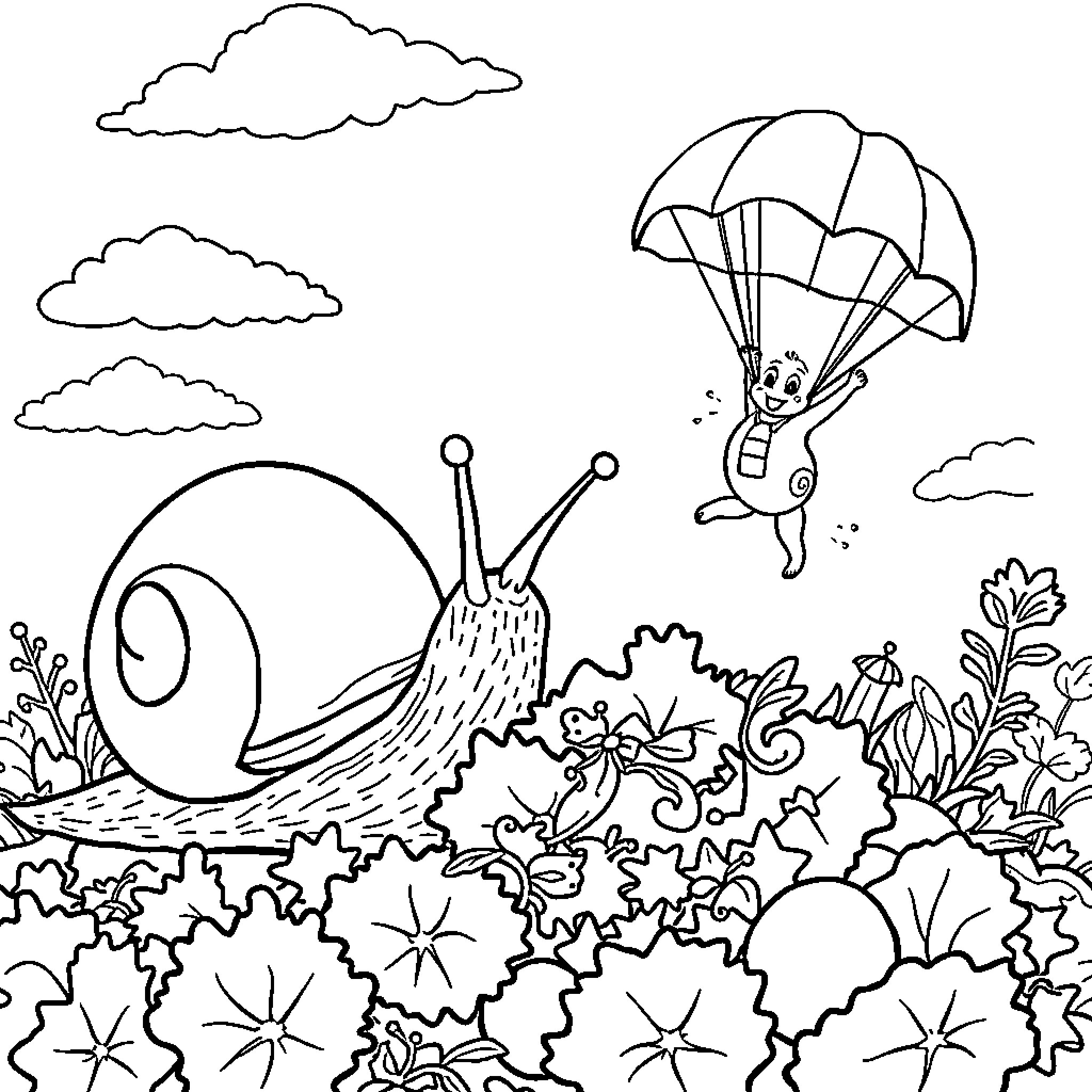 Snail parachuting over a floral landscape Coloring Page (free black-and-white line drawing printable PDF for all, from beginners to advanced learners, including children, teens, adults, and seniors)