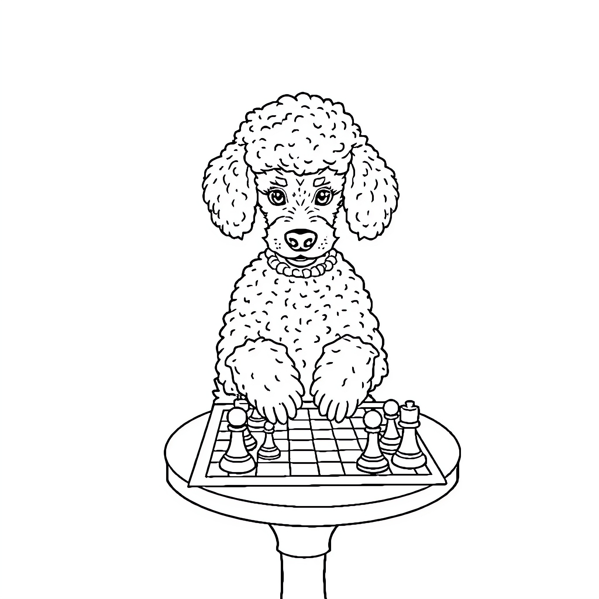 Poodle playing chess on a pedestal Coloring Page (free black-and-white line drawing printable PDF for all, from beginners to advanced learners, including children, teens, adults, and seniors)
