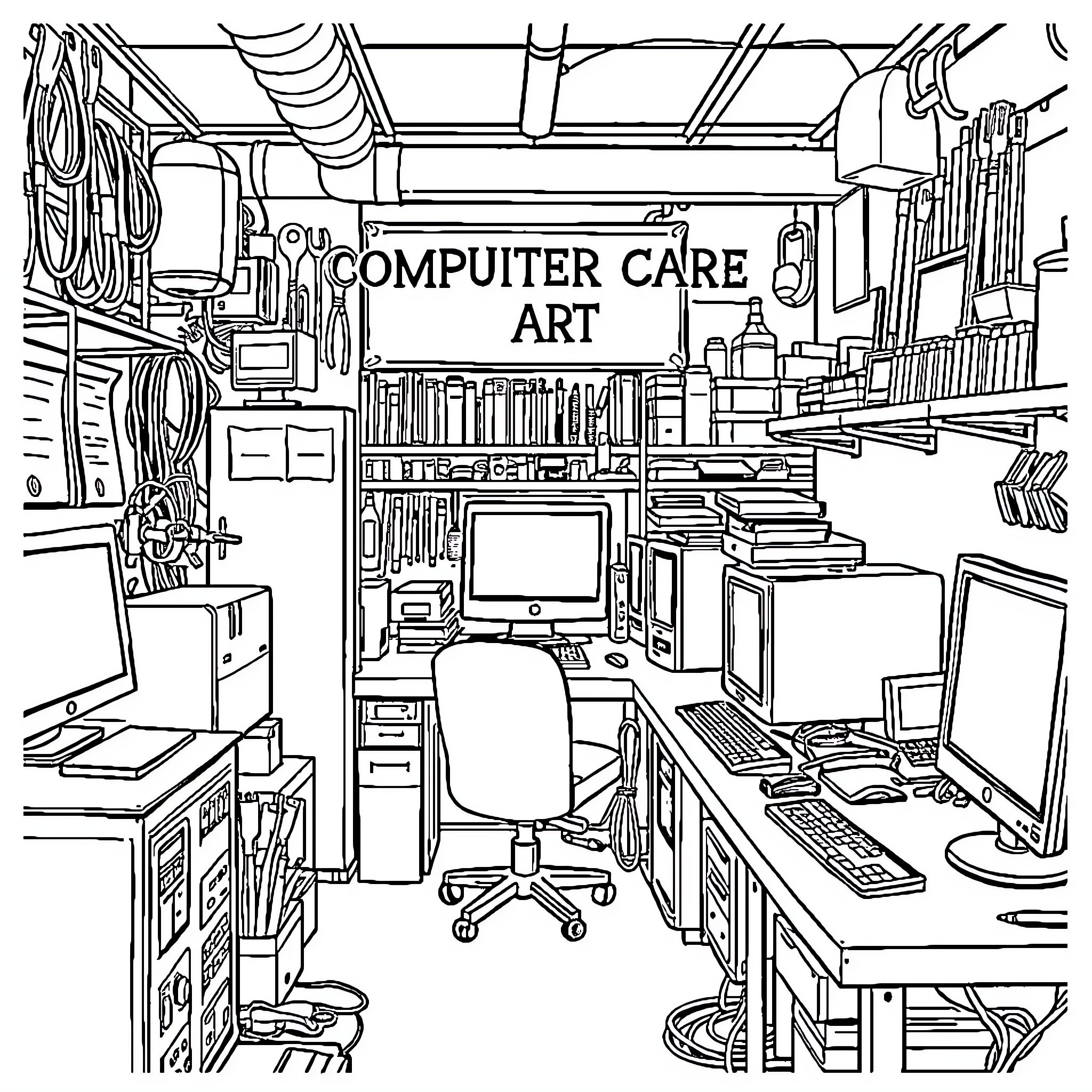 Parbhani Computer Care Art Coloring Page (free black-and-white line drawing printable PDF for all, from beginners to advanced learners, including children, teens, adults, and seniors)