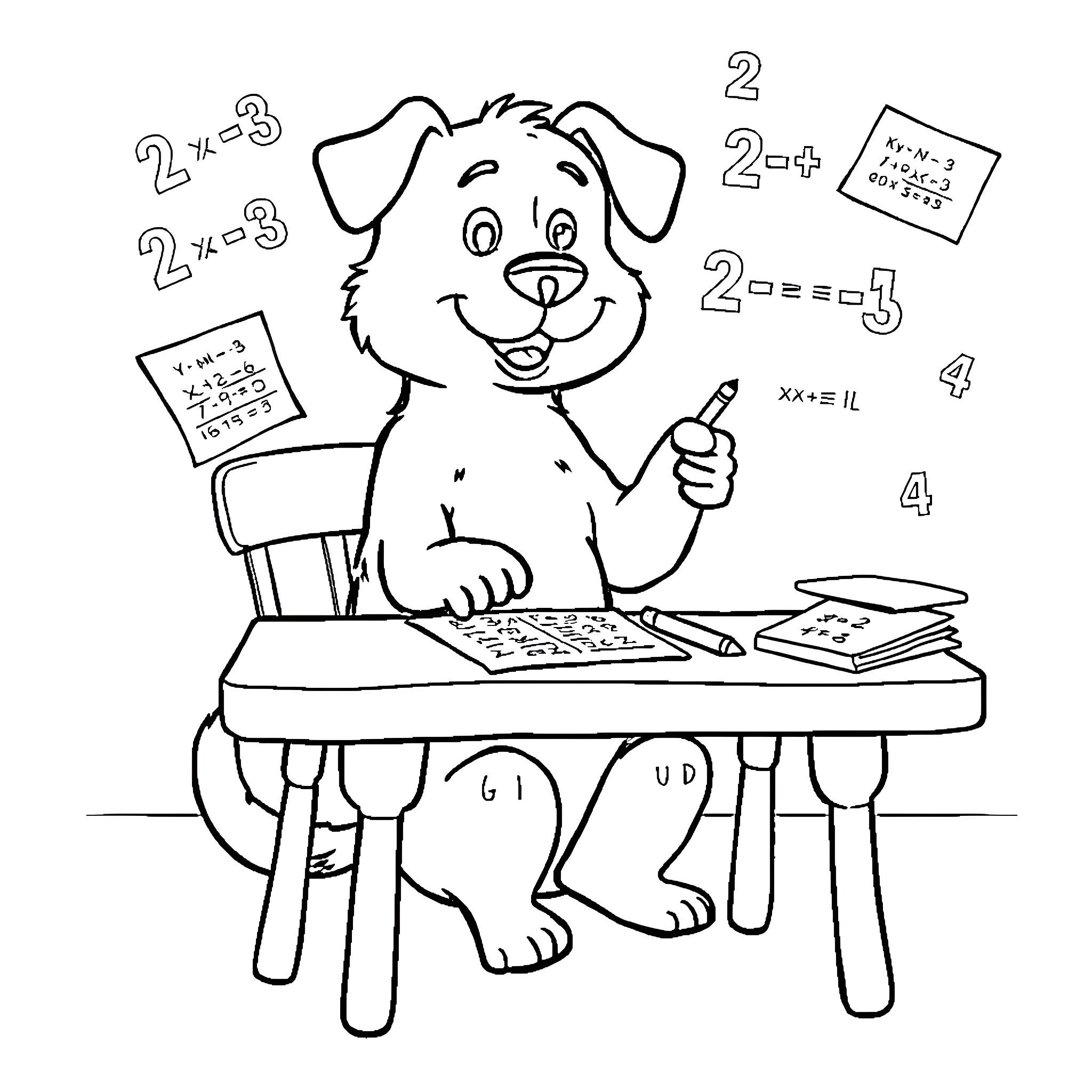 Dog Cheerfully Solving Math Problems at Desk Coloring Page (free black-and-white line drawing printable PDF for all, from beginners to advanced learners, including children, teens, adults, and seniors)