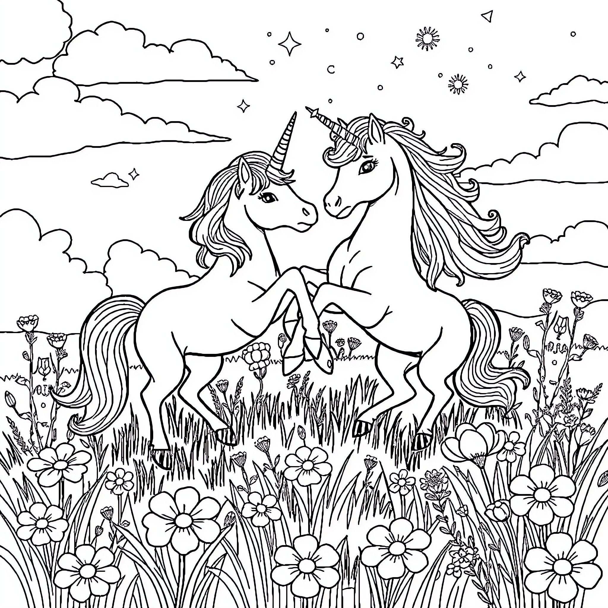 Unicorn couple playing in a magical meadow Coloring Page (free black-and-white line drawing printable PDF for all, from beginners to advanced learners, including children, teens, adults, and seniors)