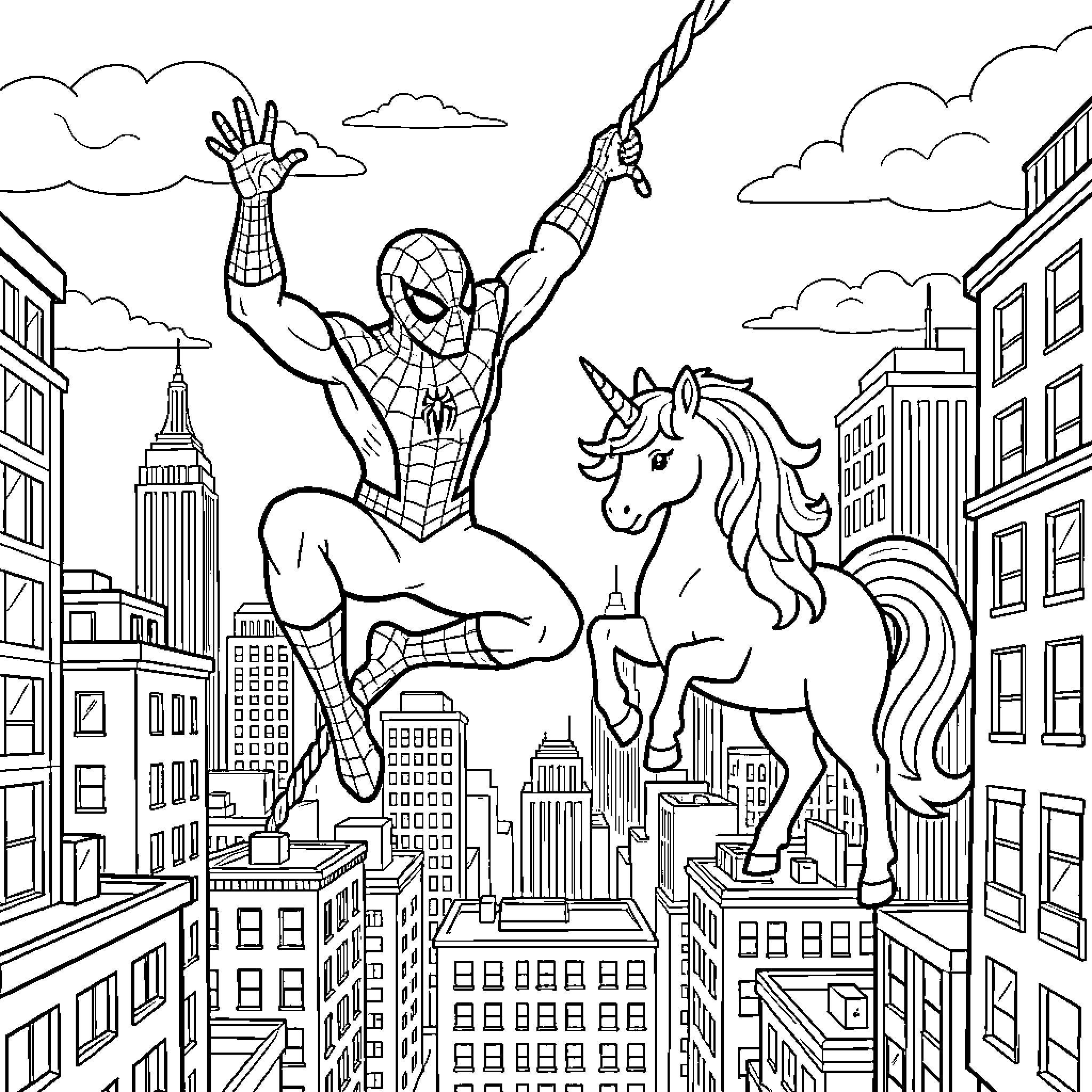 Spiderman swinging over the city with a unicorn Coloring Page (free black-and-white line drawing printable PDF for all, from beginners to advanced learners, including children, teens, adults, and seniors)