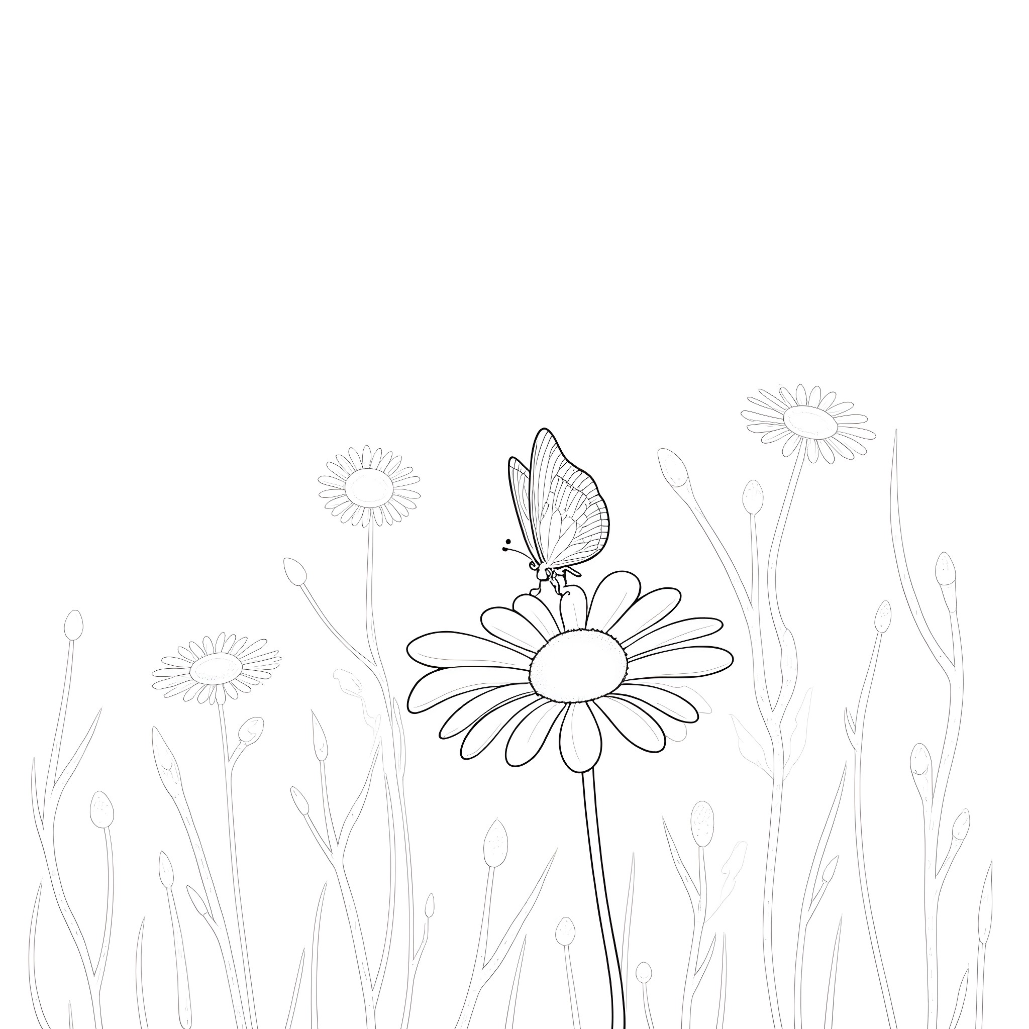 Butterfly landing on a flower in the field Coloring Page (free black-and-white line drawing printable PDF for all, from beginners to advanced learners, including children, teens, adults, and seniors)