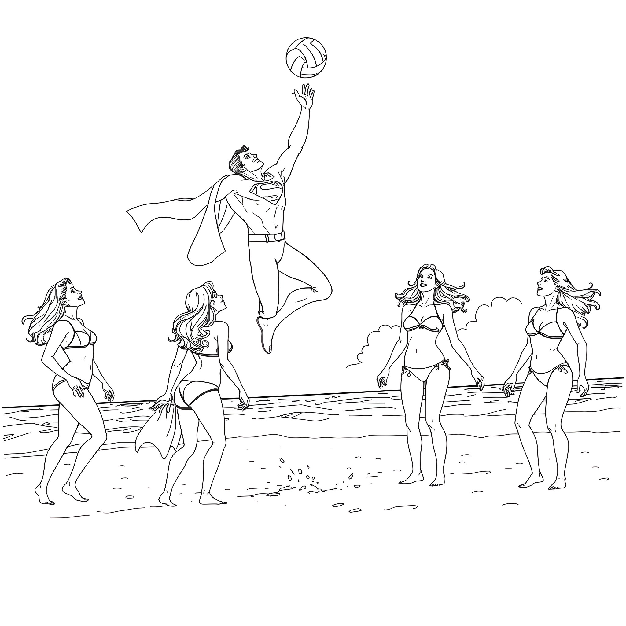 Superman playing volleyball with bikini-clad women on the beach Coloring Page (free black-and-white line drawing printable PDF for all, from beginners to advanced learners, including children, teens, adults, and seniors)