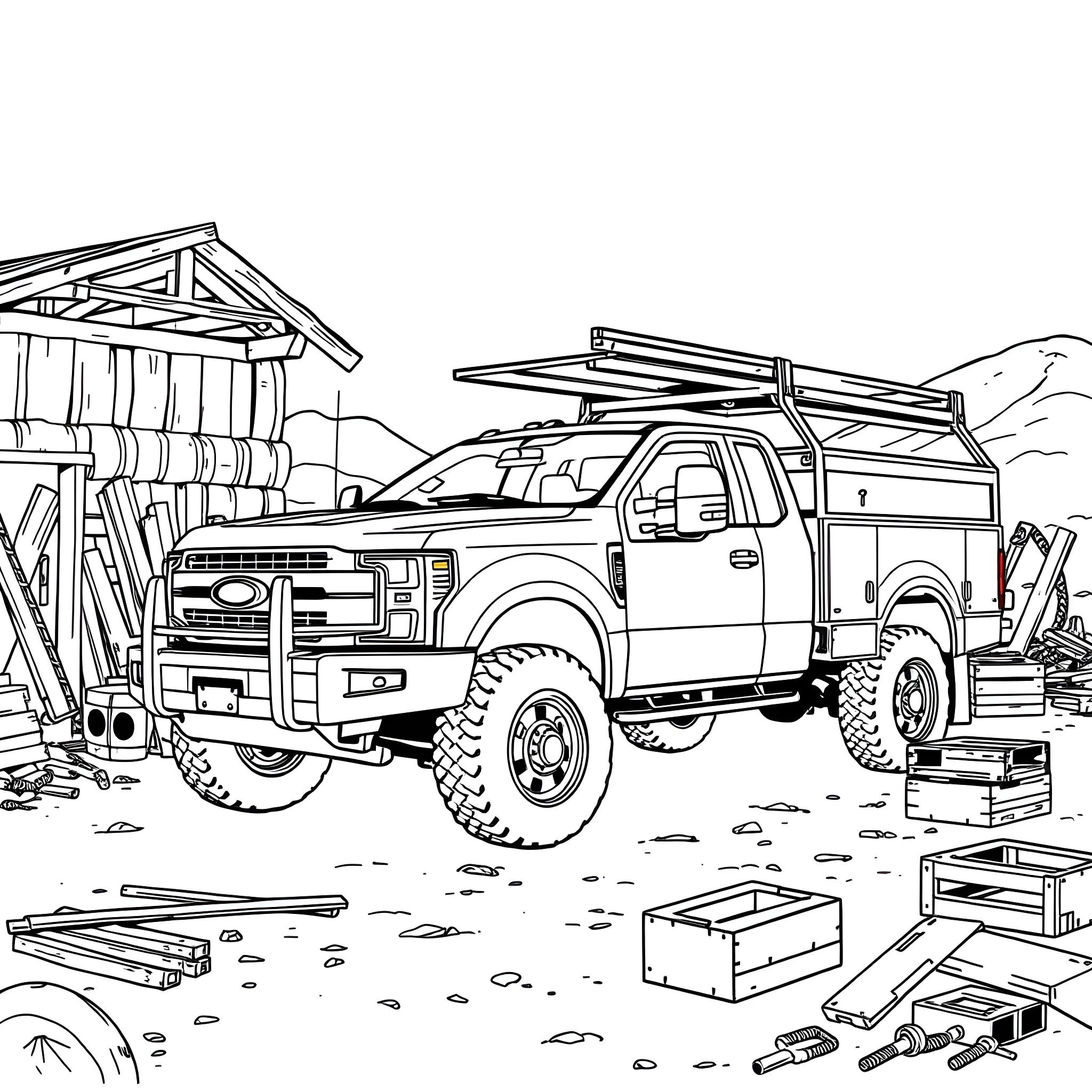 Truck with hauling equipment in construction site Coloring Page (free black-and-white line drawing printable PDF for all, from beginners to advanced learners, including children, teens, adults, and seniors)