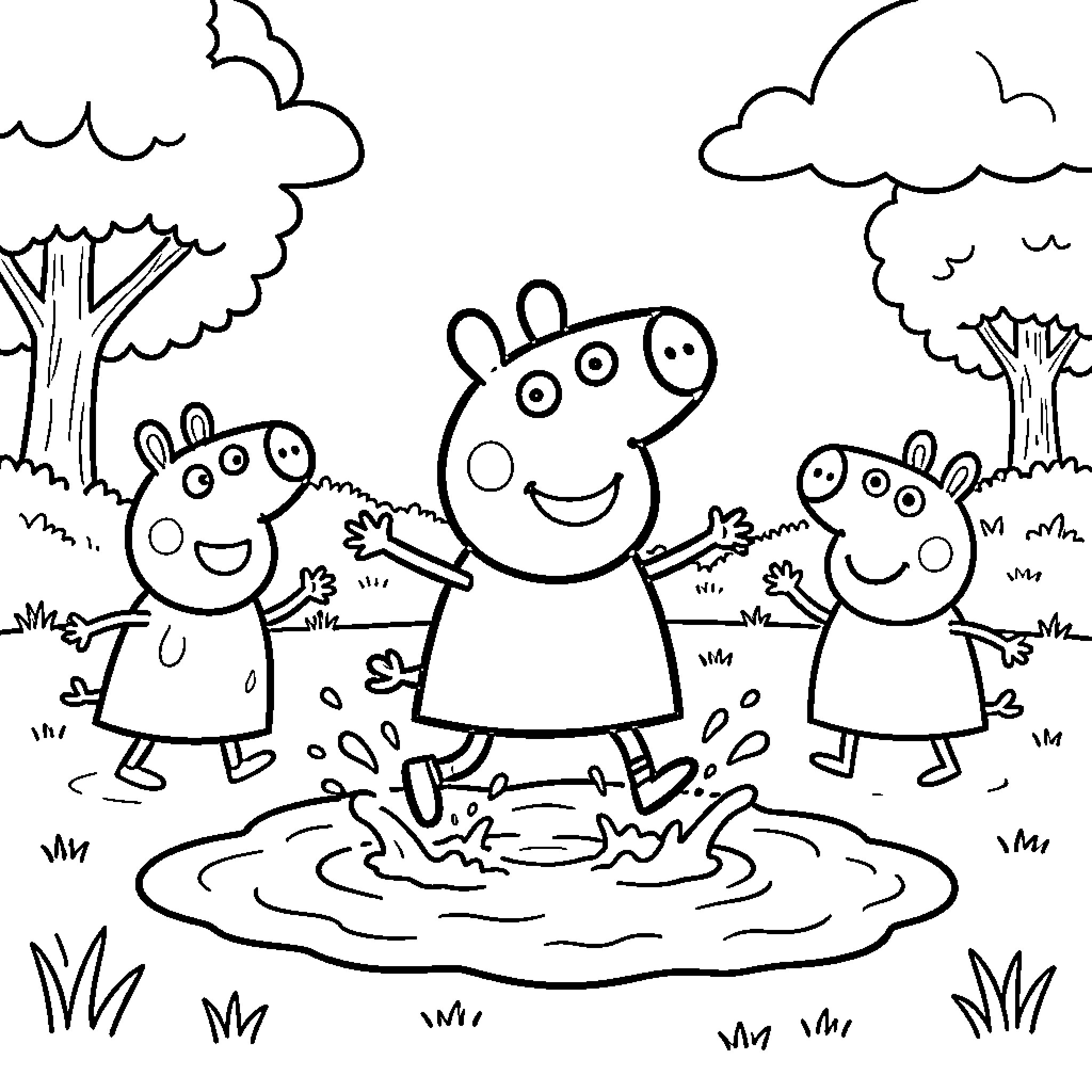 Peppa Pig and friends jumping in a muddy puddle Coloring Page (free black-and-white line drawing printable PDF for all, from beginners to advanced learners, including children, teens, adults, and seniors)