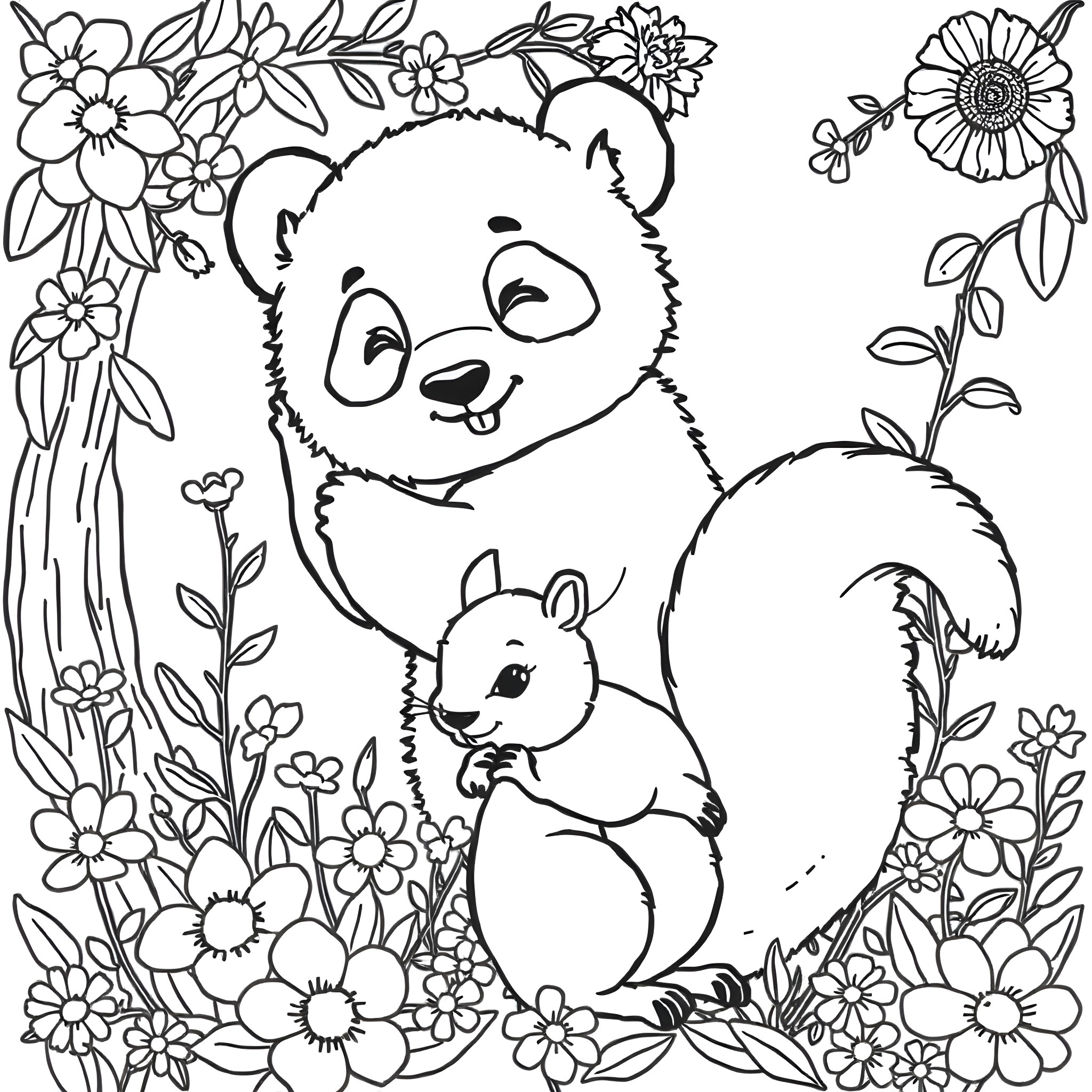 Panda and squirrel in a floral scene Coloring Page (free black-and-white line drawing printable PDF for all, from beginners to advanced learners, including children, teens, adults, and seniors)