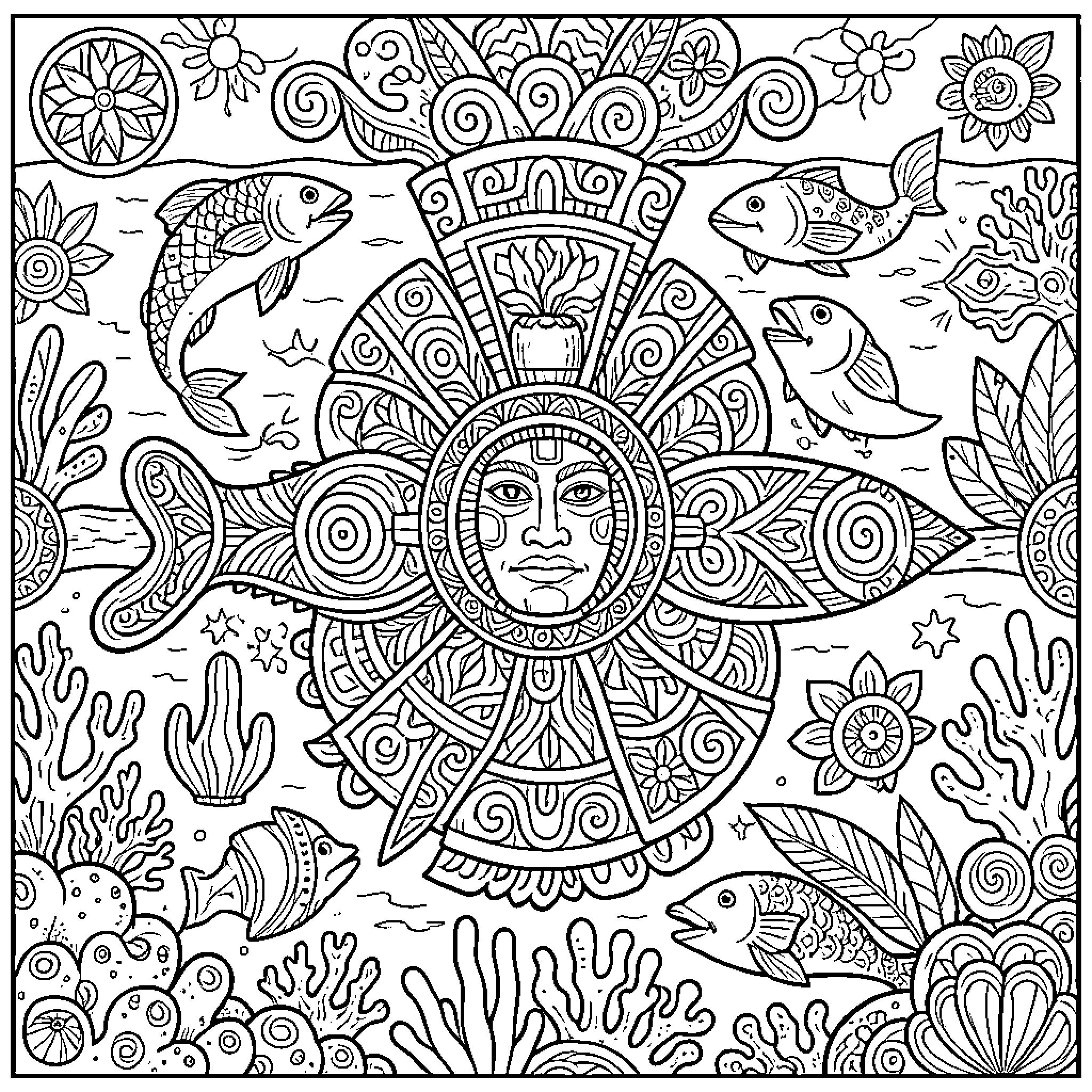 Animal Decorative Sun Surrounded by Marine Life Coloring Page (free black-and-white line drawing printable PDF for all, from beginners to advanced learners, including children, teens, adults, and seniors)