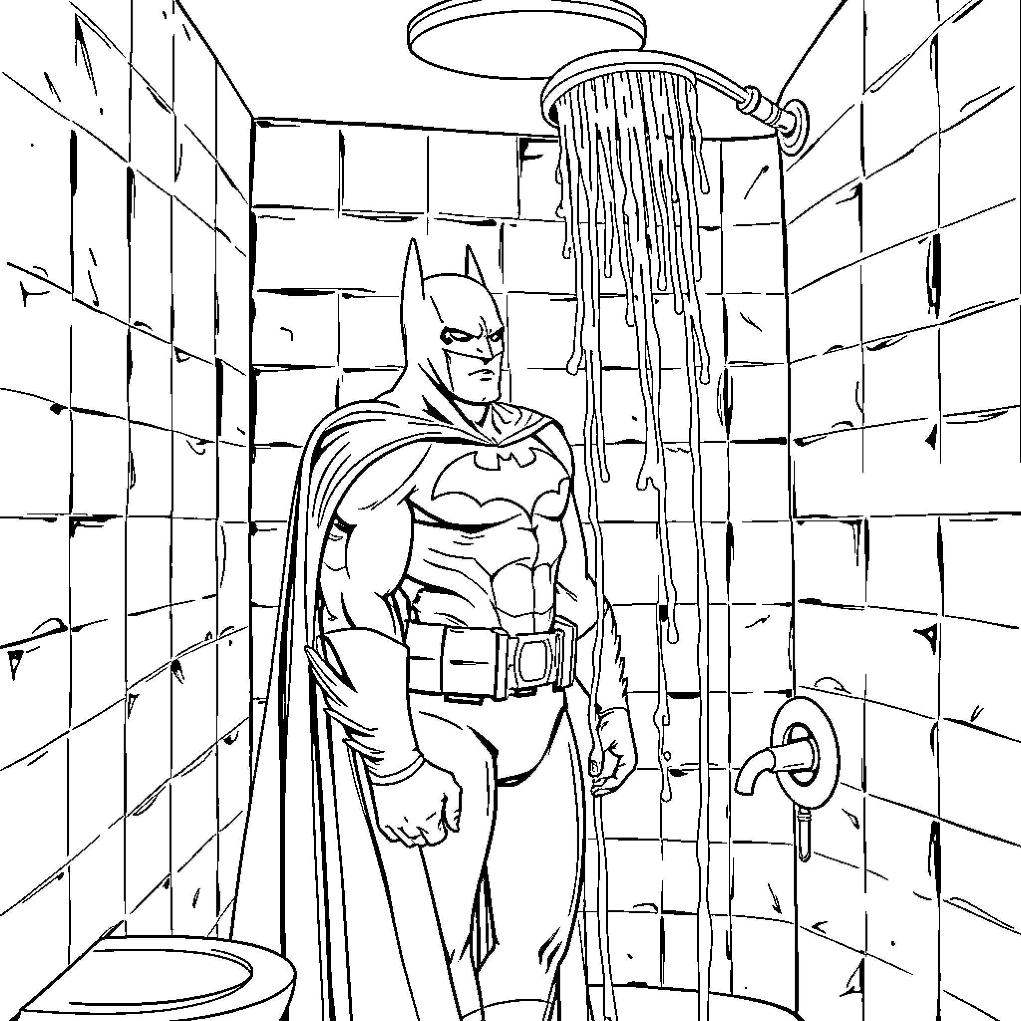 Batman Taking a Shower in Dark Bathroom Coloring Page (free black-and-white line drawing printable PDF for all, from beginners to advanced learners, including children, teens, adults, and seniors)