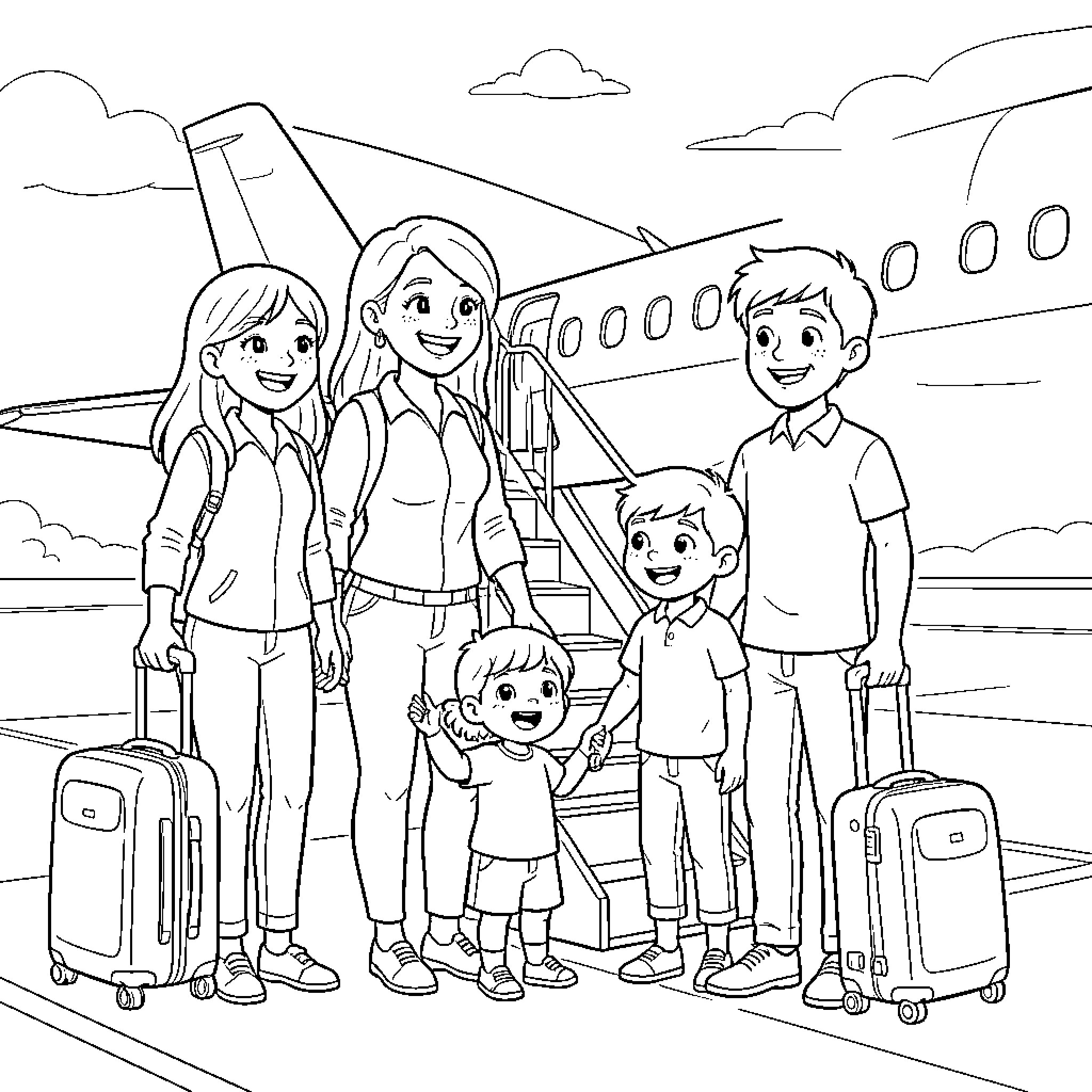 Family smiling together with suitcases near an airplane Coloring Page (free black-and-white line drawing printable PDF for all, from beginners to advanced learners, including children, teens, adults, and seniors)