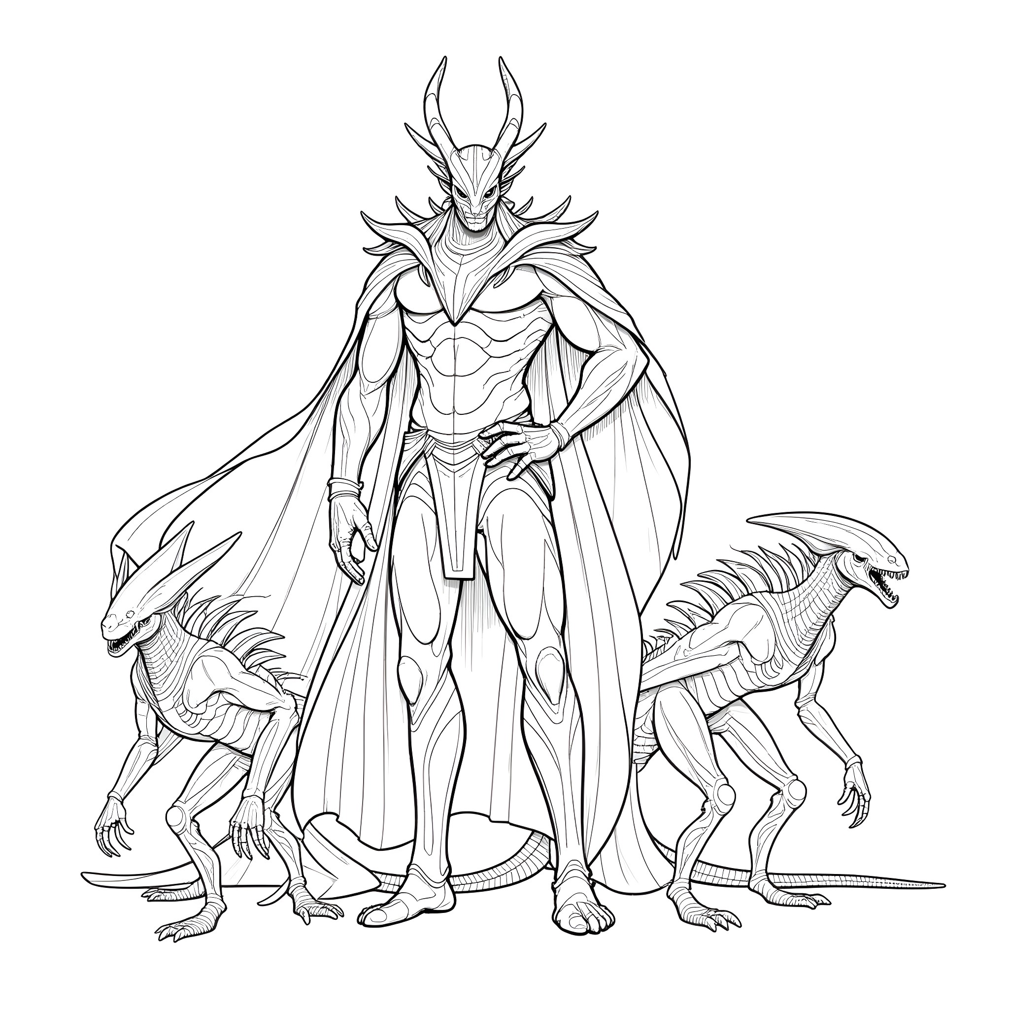 Yautja warrior with alien creatures Coloring Page (free black-and-white line drawing printable PDF for all, from beginners to advanced learners, including children, teens, adults, and seniors)