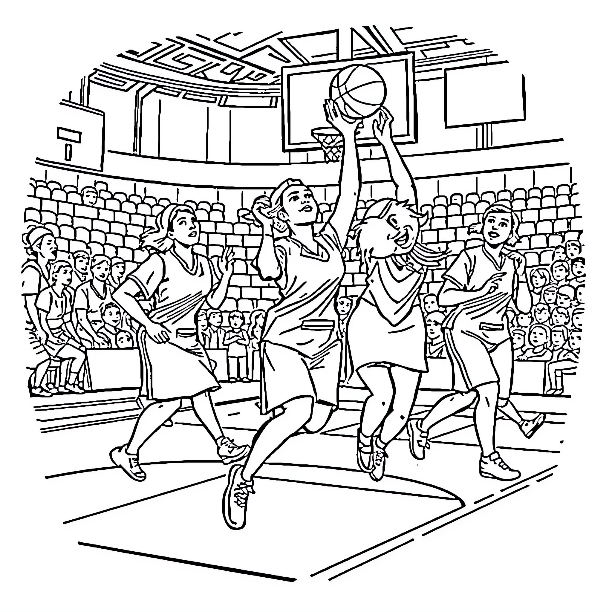 Nurse Leads Basketball Game on Court Coloring Page (free black-and-white line drawing printable PDF for all, from beginners to advanced learners, including children, teens, adults, and seniors)