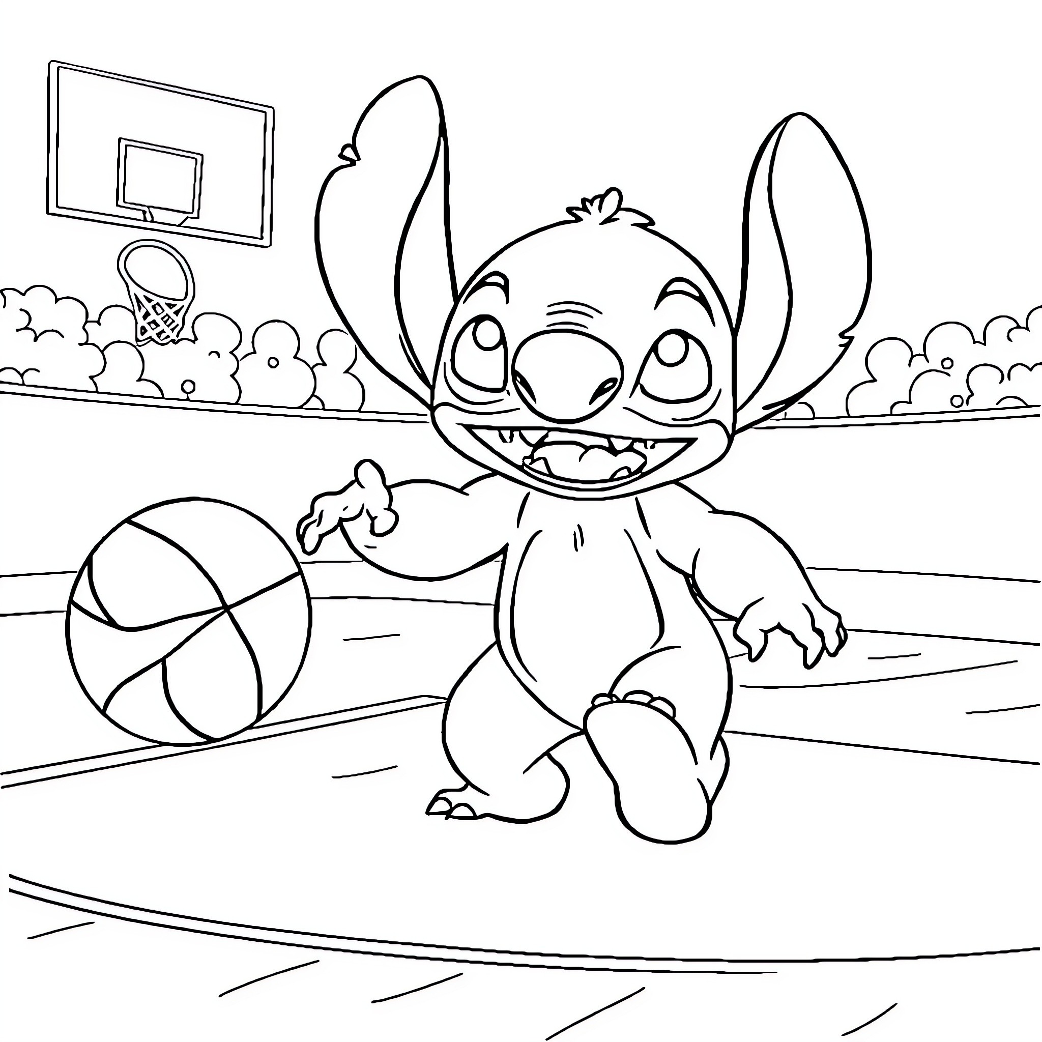 Stitch Playing Happily with Basketball on Court Coloring Page (free black-and-white line drawing printable PDF for all, from beginners to advanced learners, including children, teens, adults, and seniors)