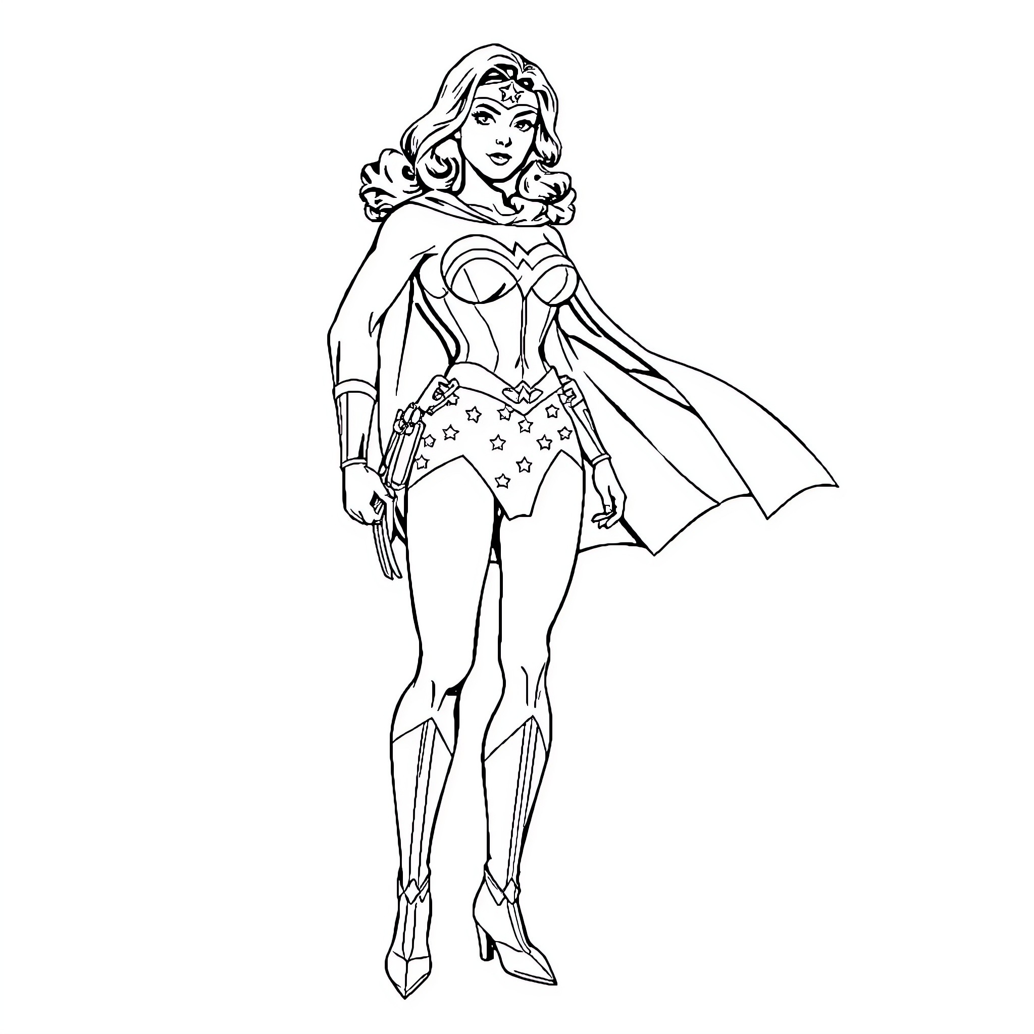 Wonder Woman in heroic pose with flowing cape Coloring Page (free black-and-white line drawing printable PDF for all, from beginners to advanced learners, including children, teens, adults, and seniors)