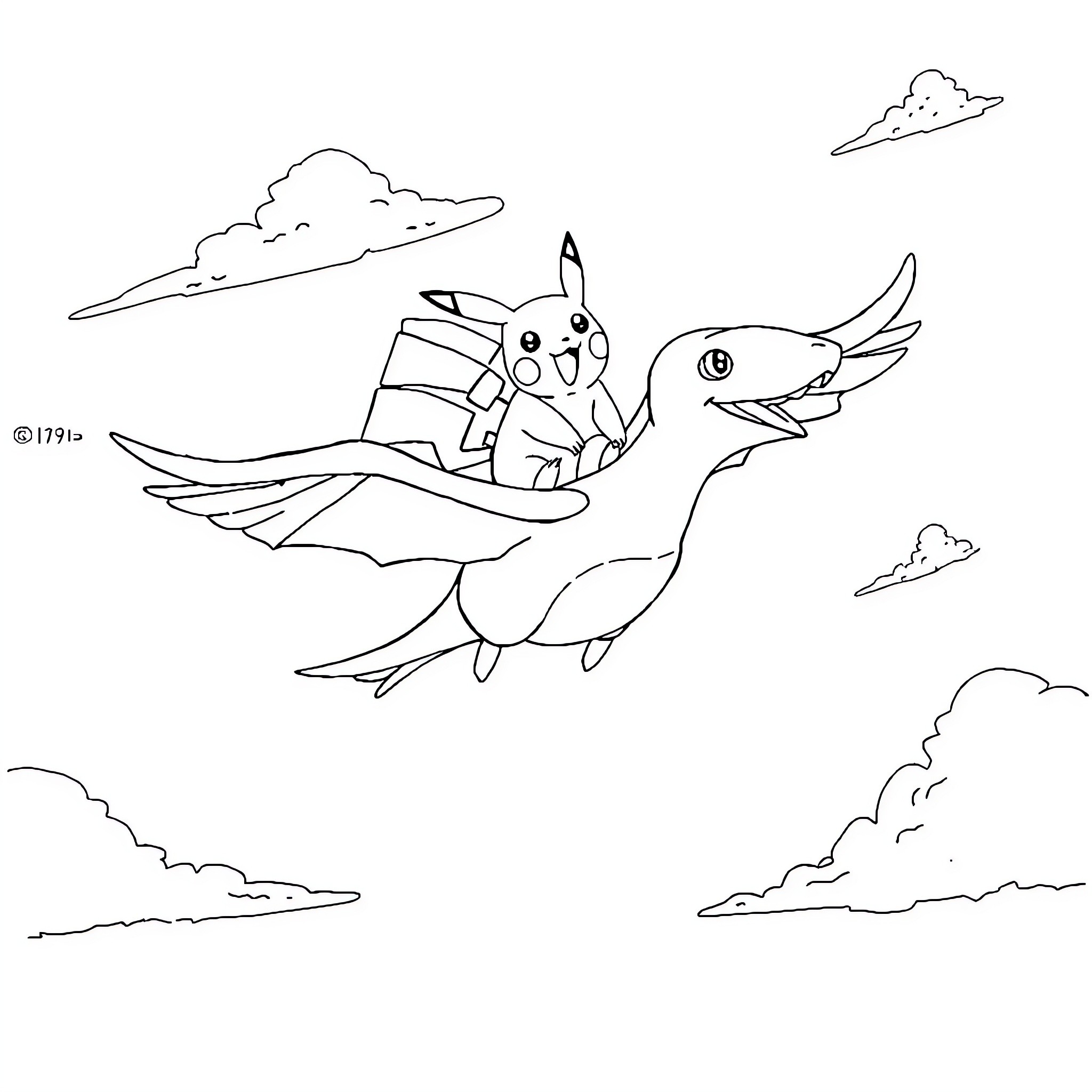 Krokmou riding a dragon through the sky Coloring Page (free black-and-white line drawing printable PDF for all, from beginners to advanced learners, including children, teens, adults, and seniors)
