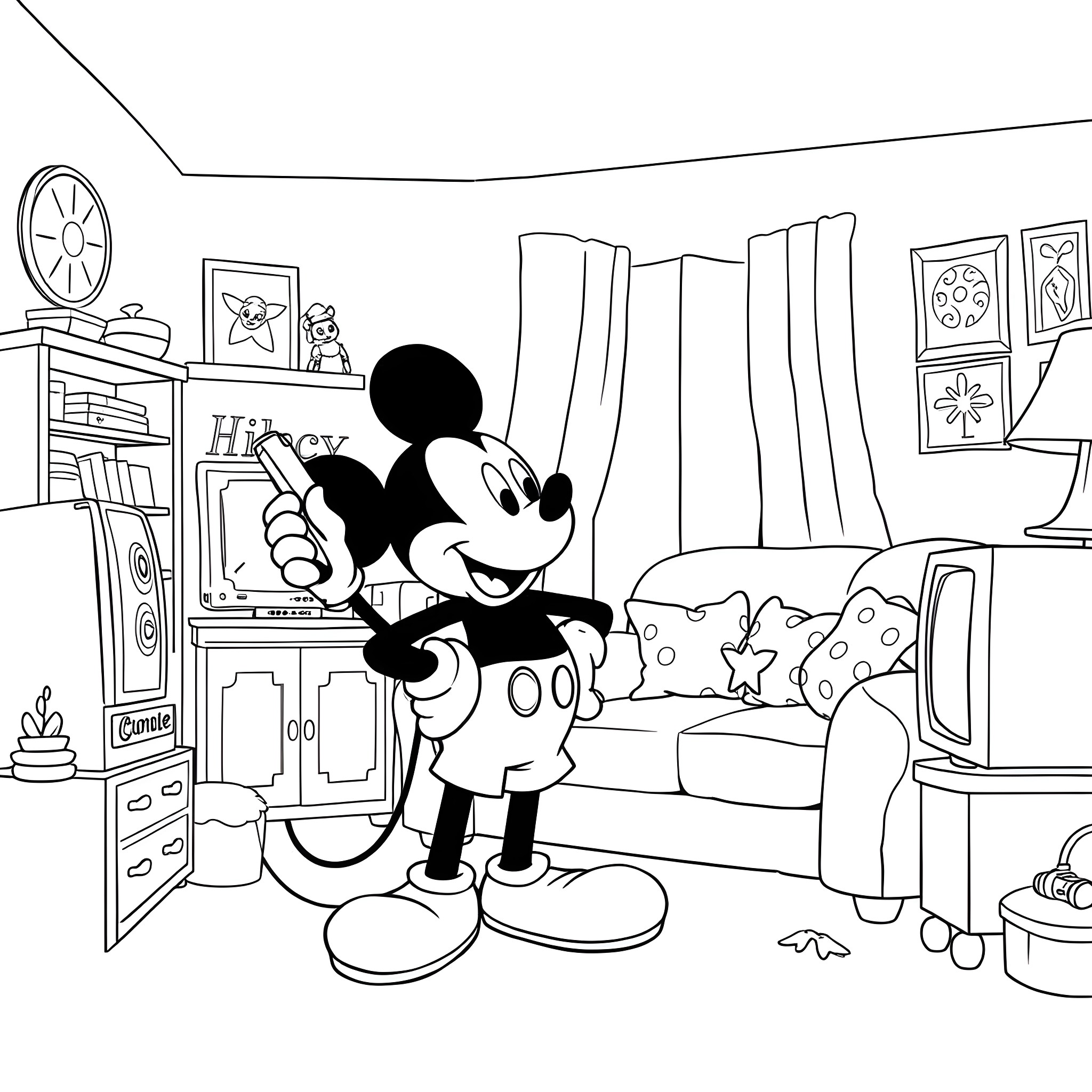 Mickey Mouse enjoying his cozy home Coloring Page (free black-and-white line drawing printable PDF for all, from beginners to advanced learners, including children, teens, adults, and seniors)