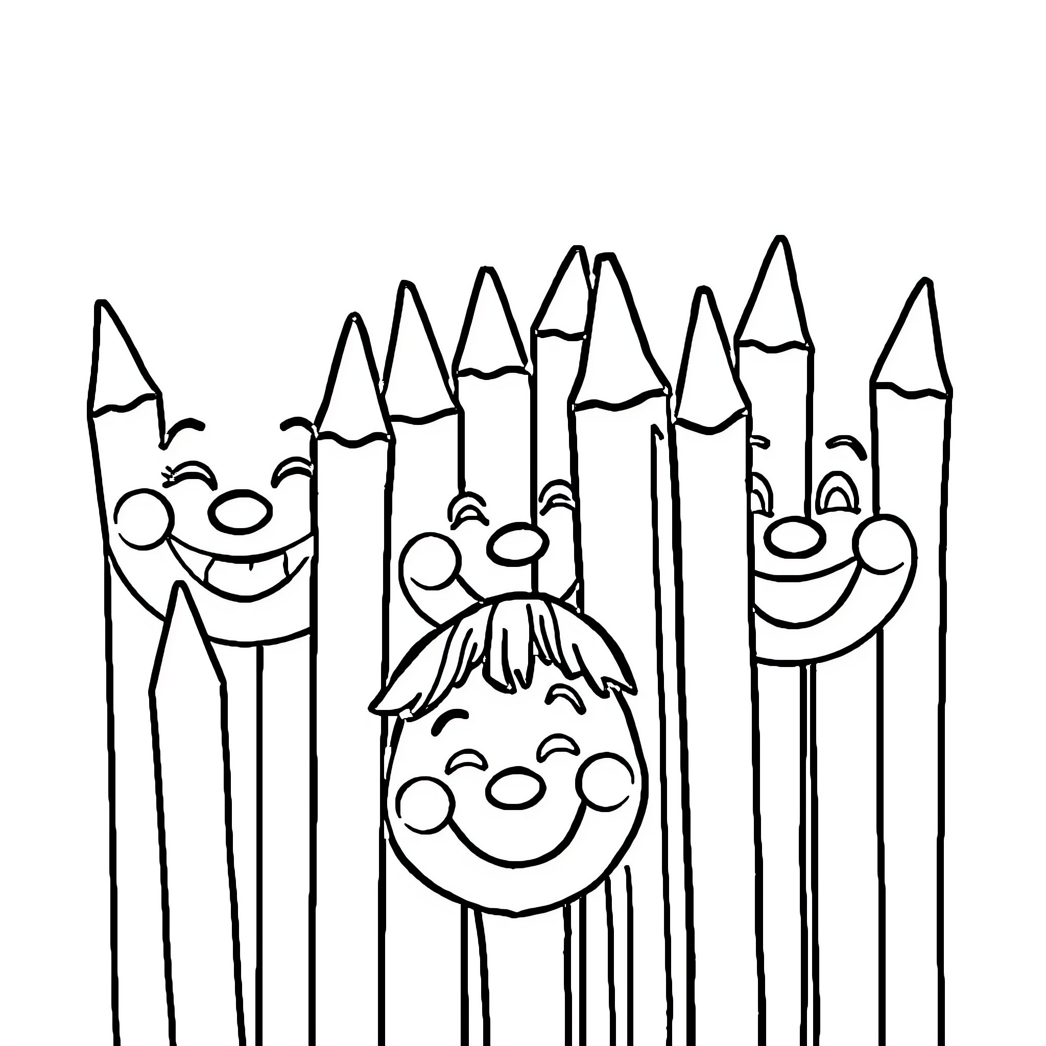 Crayon characters expressing happiness Coloring Page (free black-and-white line drawing printable PDF for all, from beginners to advanced learners, including children, teens, adults, and seniors)