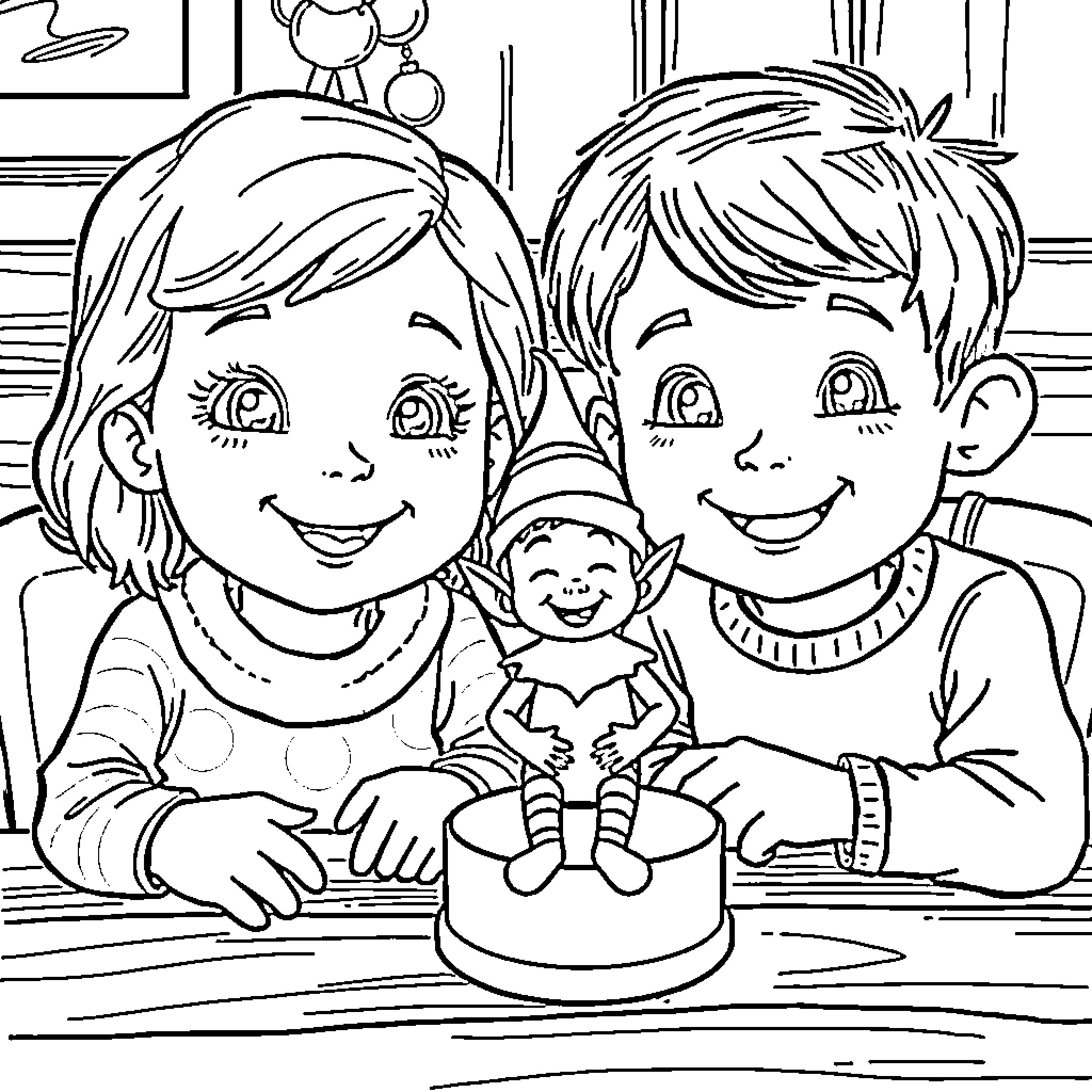 Girl and boy celebrating with elf doll Coloring Page (free black-and-white line drawing printable PDF for all, from beginners to advanced learners, including children, teens, adults, and seniors)