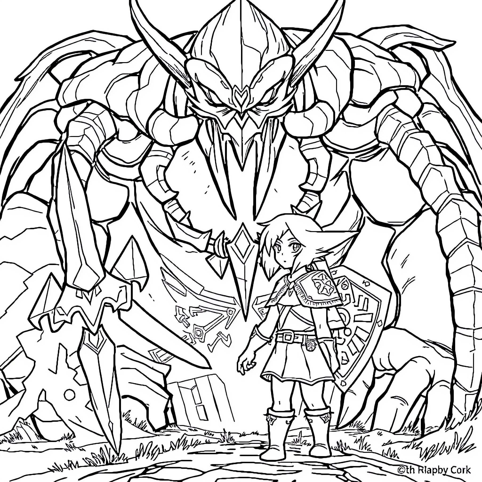 Link facing a towering dragon-like creature Coloring Page (free black-and-white line drawing printable PDF for all, from beginners to advanced learners, including children, teens, adults, and seniors)