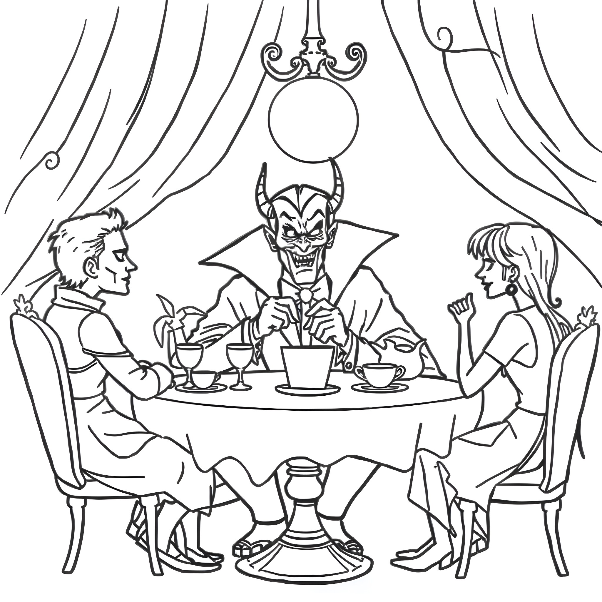 Vampire hosts a dinner party with guests Coloring Page (free black-and-white line drawing printable PDF for all, from beginners to advanced learners, including children, teens, adults, and seniors)