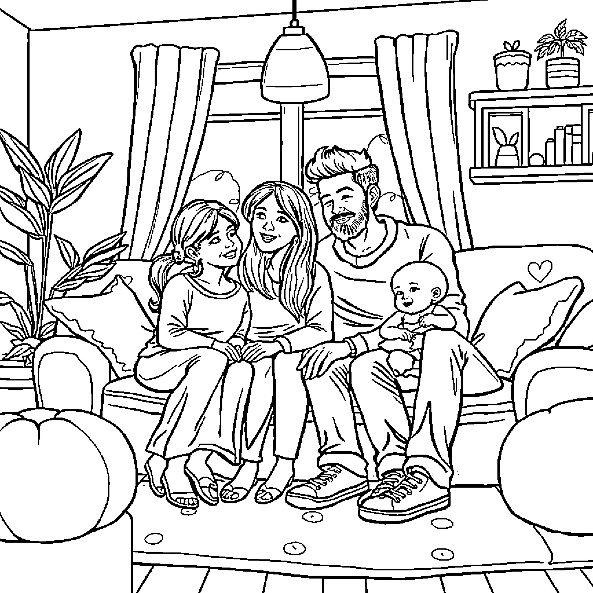 Family enjoying a cozy indoor gathering Coloring Page (free black-and-white line drawing printable PDF for all, from beginners to advanced learners, including children, teens, adults, and seniors)