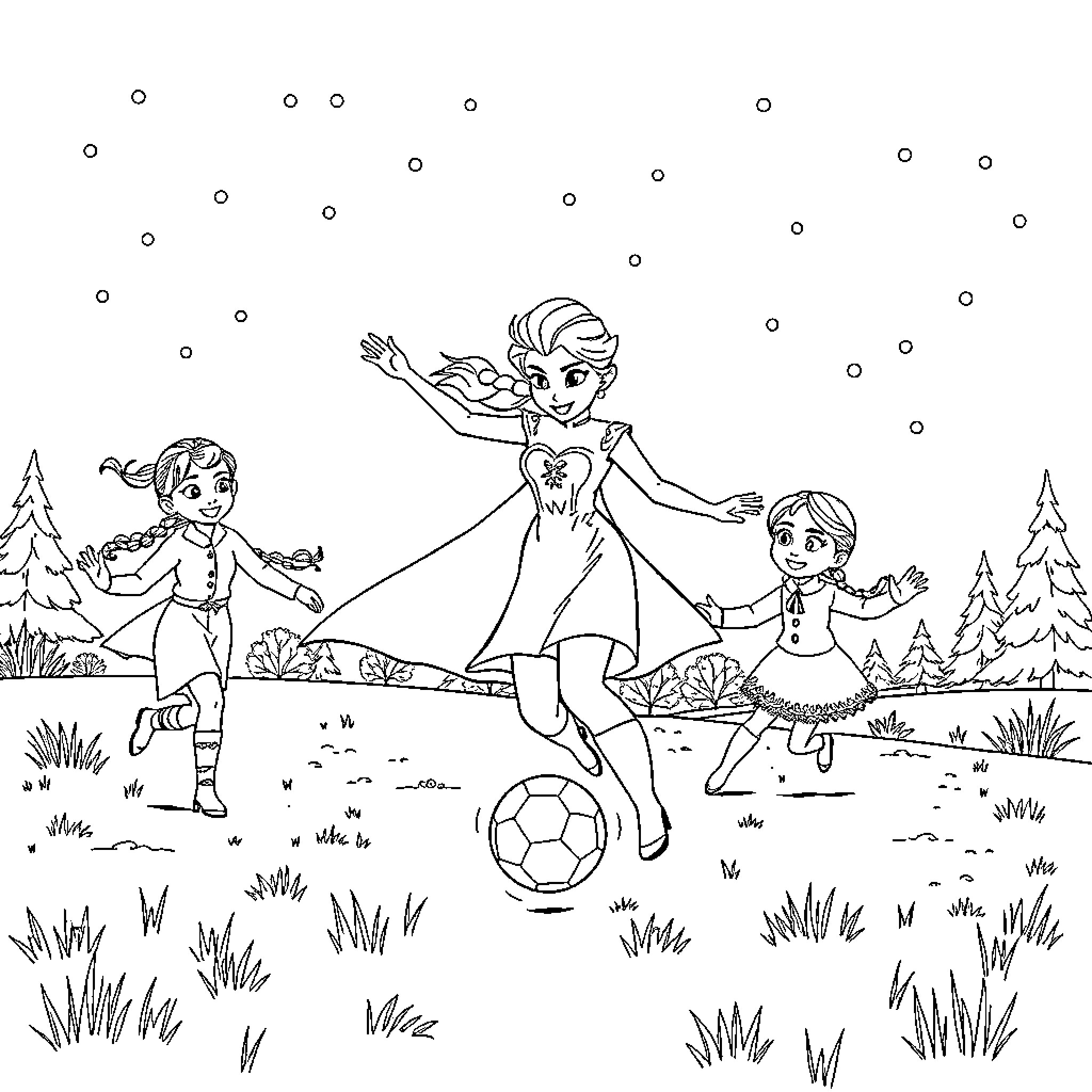 Princess Playing Soccer with Children in the Park Coloring Page (free black-and-white line drawing printable PDF for all, from beginners to advanced learners, including children, teens, adults, and seniors)