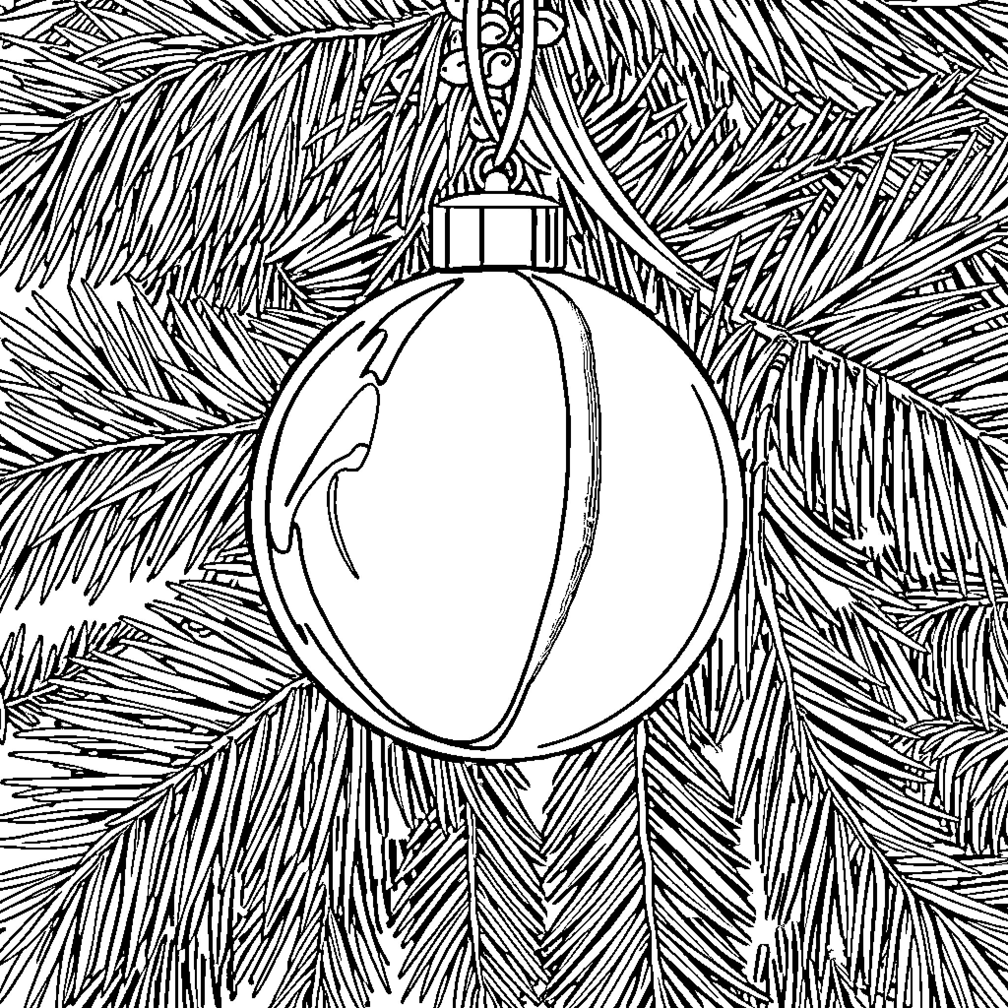 Ornament Hanging on Lush Pine Branches Coloring Page (free black-and-white line drawing printable PDF for all, from beginners to advanced learners, including children, teens, adults, and seniors)