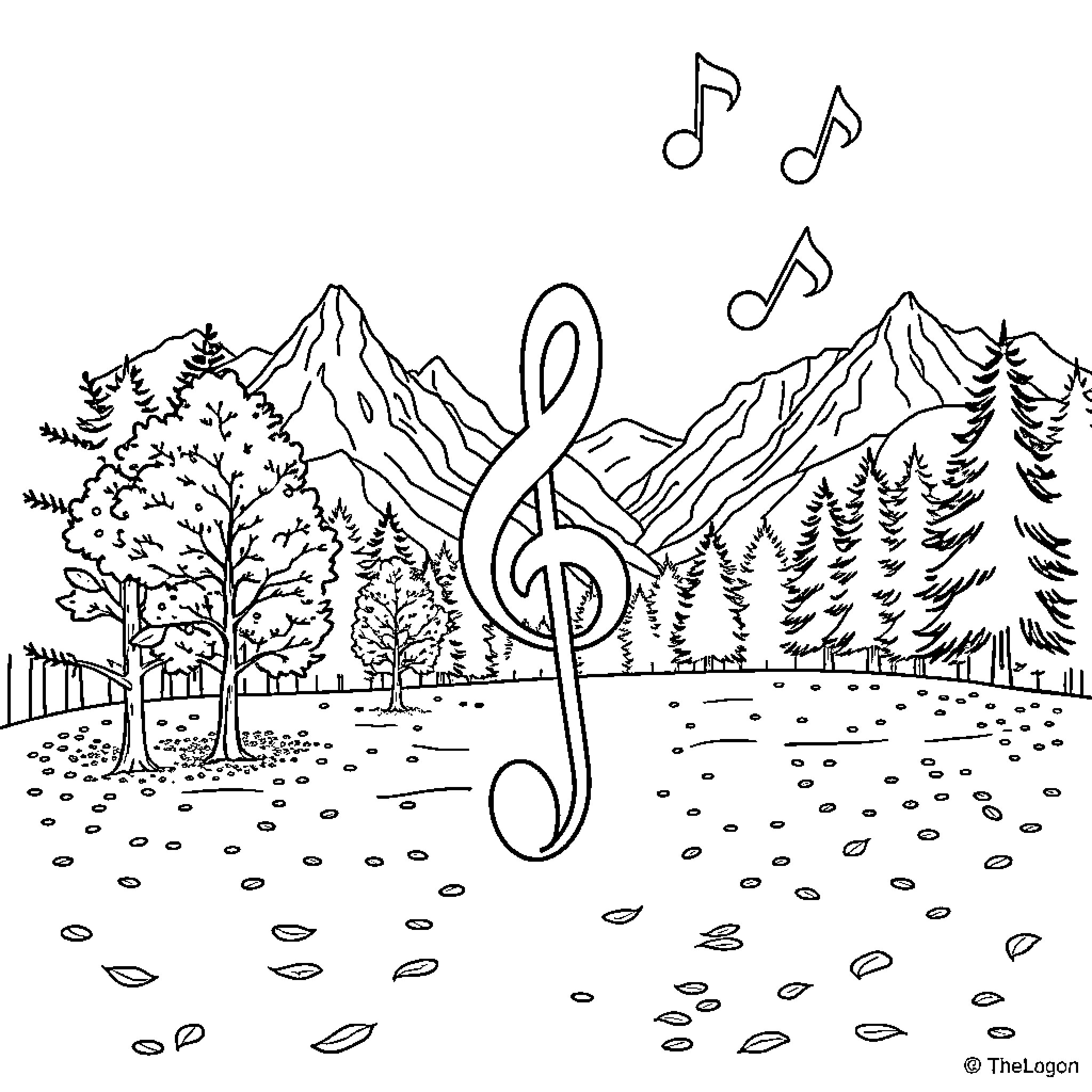Treble Clef in the Peaceful Mountain Landscape Coloring Page (free black-and-white line drawing printable PDF for all, from beginners to advanced learners, including children, teens, adults, and seniors)