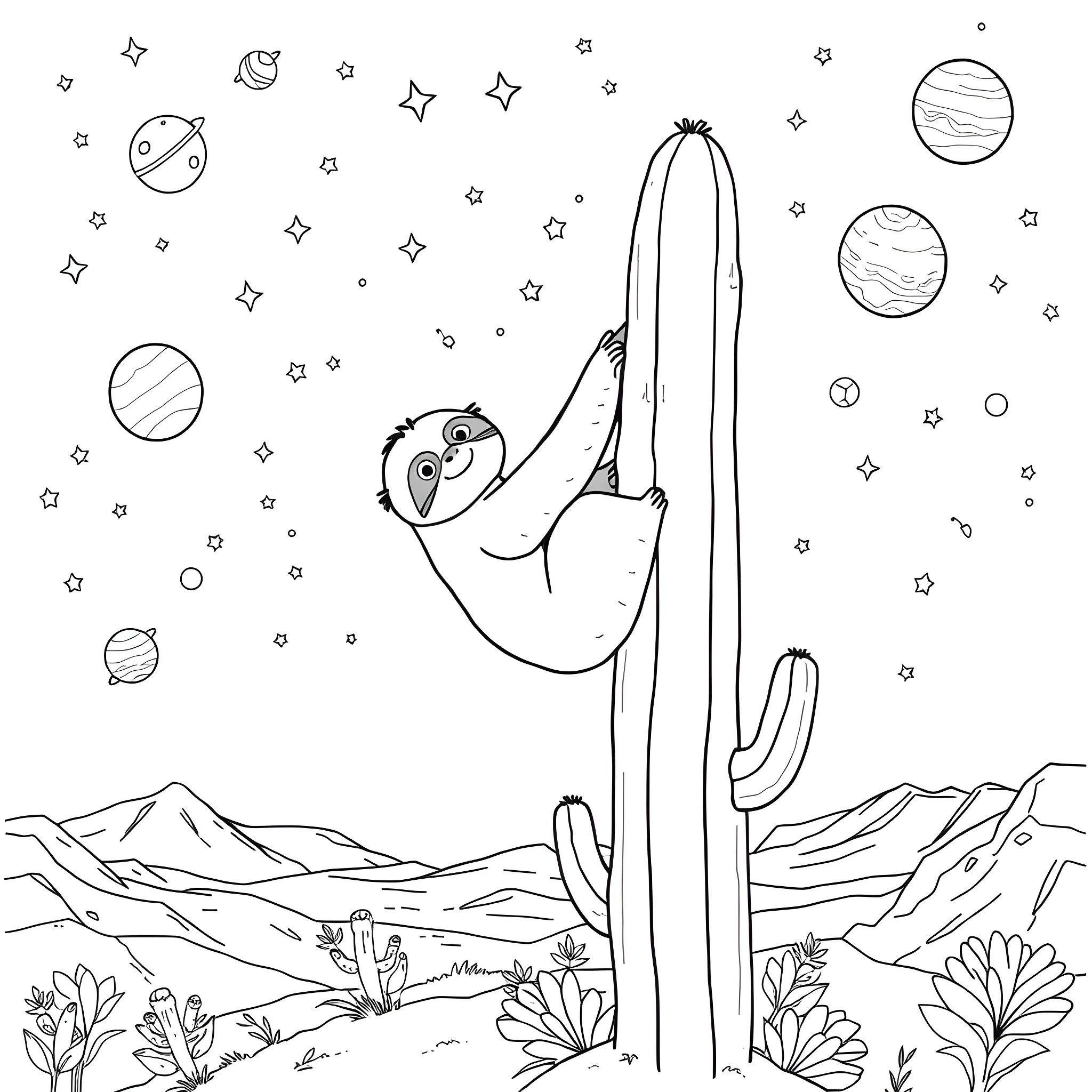Sloth hanging joyfully amidst the celestial night Coloring Page (free black-and-white line drawing printable PDF for all, from beginners to advanced learners, including children, teens, adults, and seniors)