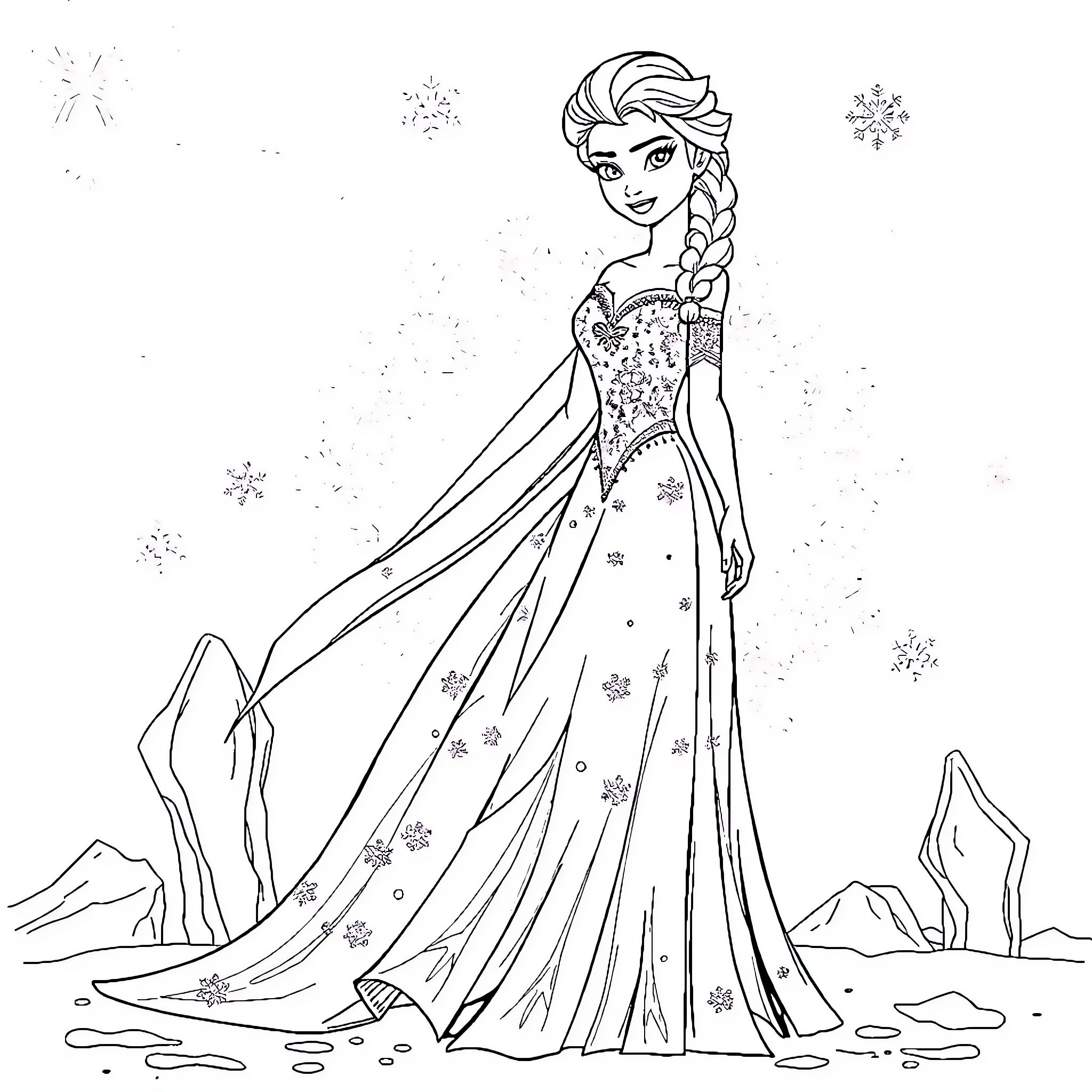Elsa's Enchanting Winter Wonderland Coloring Page (free black-and-white line drawing printable PDF for all, from beginners to advanced learners, including children, teens, adults, and seniors)