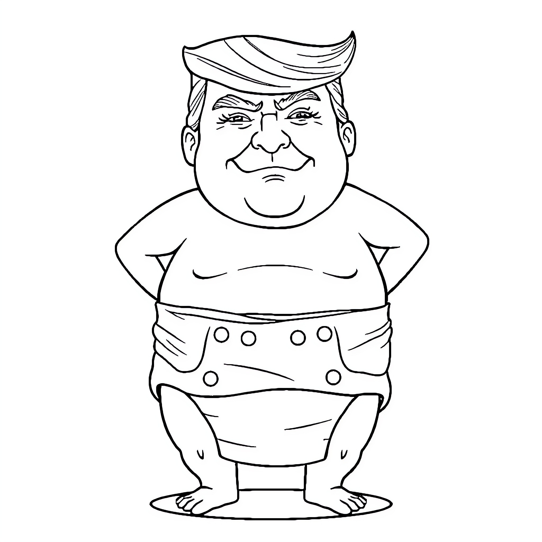 Trump's Humorous Appearance in Caricature Coloring Page (free black-and-white line drawing printable PDF for all, from beginners to advanced learners, including children, teens, adults, and seniors)