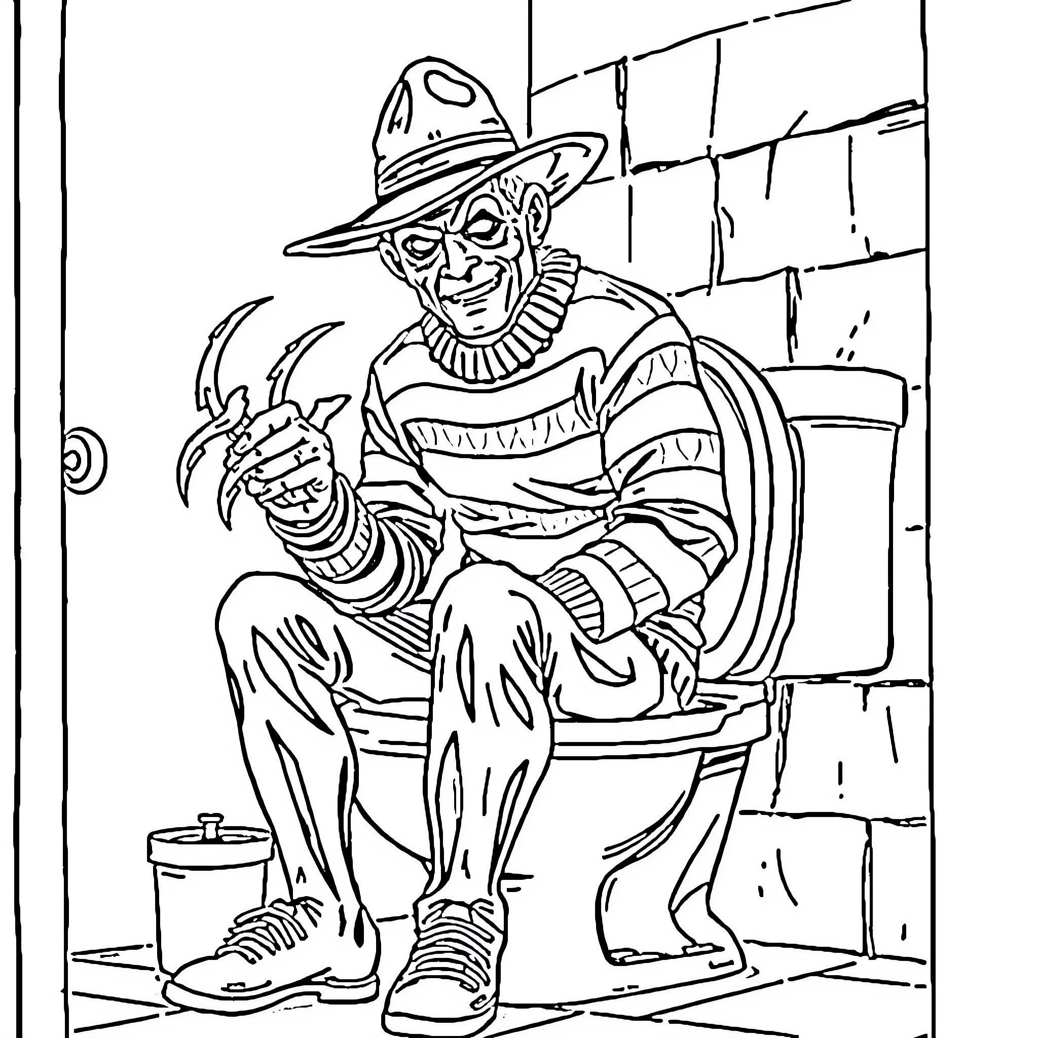 Freddy Krueger sitting menacingly in a chair Coloring Page (free black-and-white line drawing printable PDF for all, from beginners to advanced learners, including children, teens, adults, and seniors)