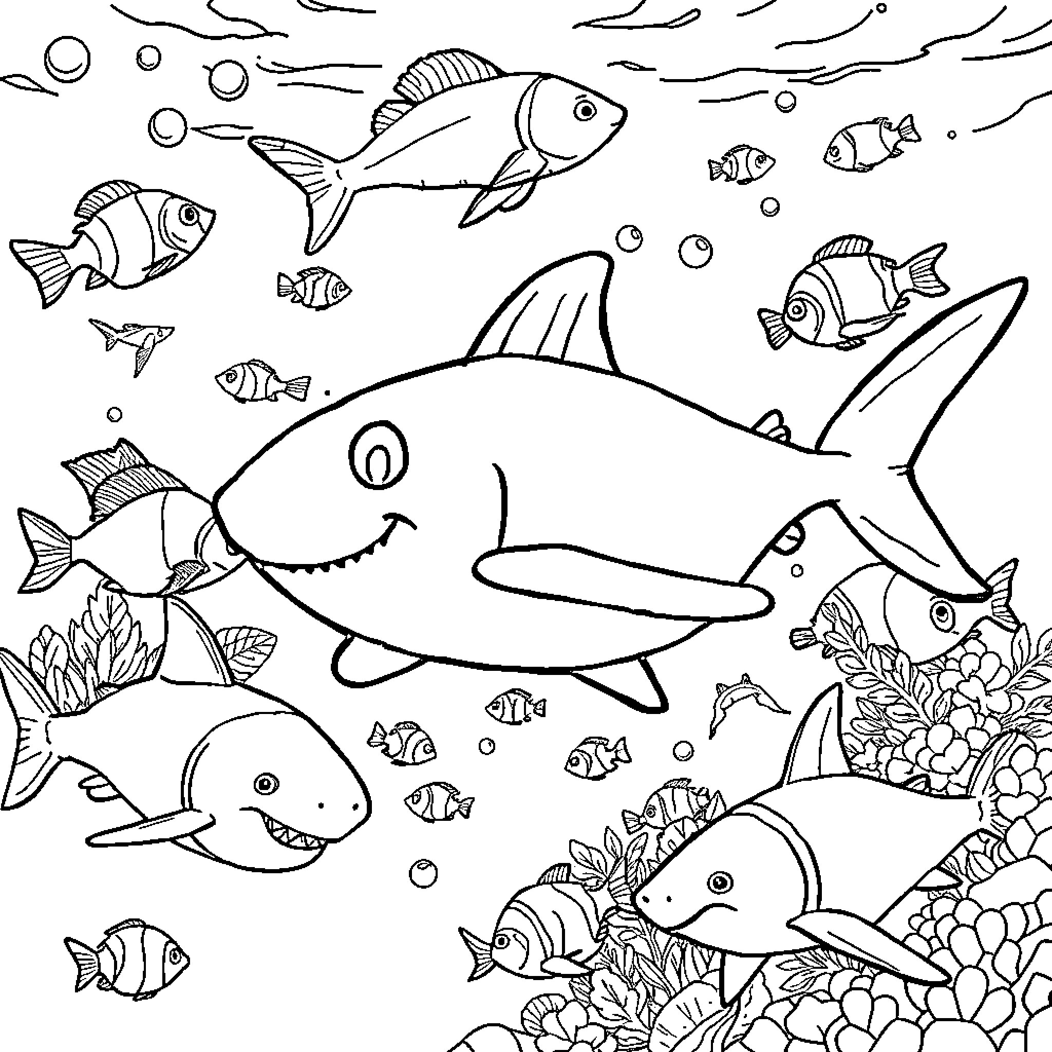 Bluey's Underwater Adventure Coloring Page (free black-and-white line drawing printable PDF for all, from beginners to advanced learners, including children, teens, adults, and seniors)