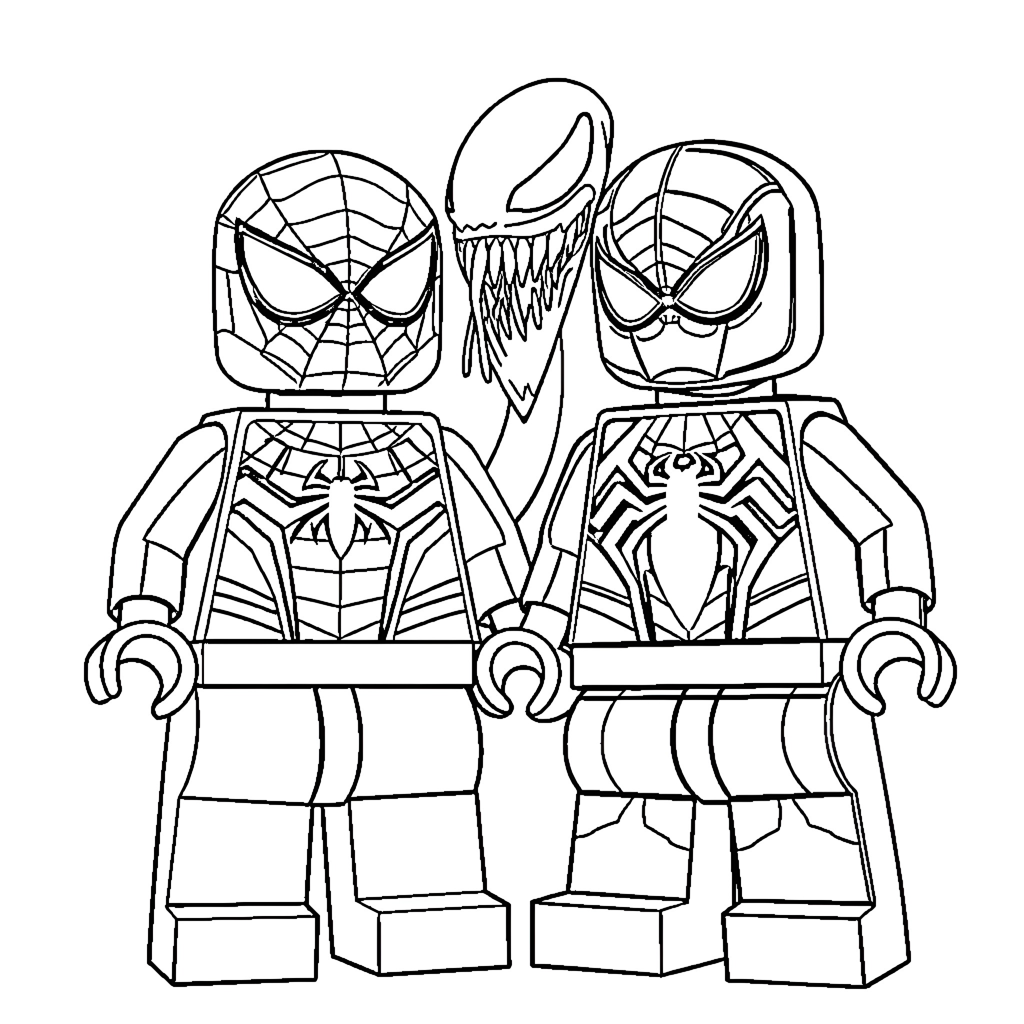 Spider-Man and Venom Lego Figures Coloring Page (free black-and-white line drawing printable PDF for all, from beginners to advanced learners, including children, teens, adults, and seniors)
