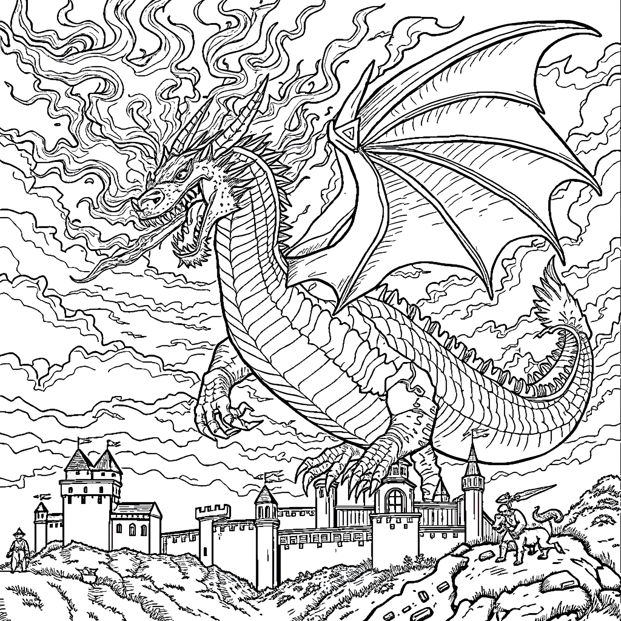Dragon unleashing fiery breath over a medieval city Coloring Page (free black-and-white line drawing printable PDF for all, from beginners to advanced learners, including children, teens, adults, and seniors)