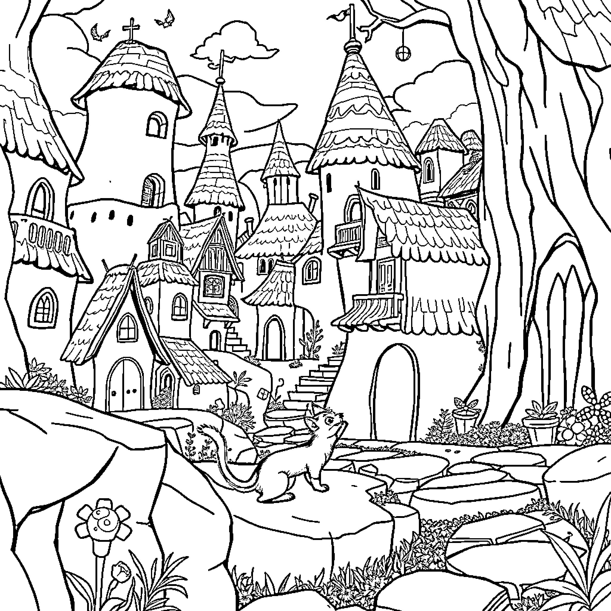 Smurf Village with Fantastical Architecture and Whimsical Scenes Coloring Page (free black-and-white line drawing printable PDF for all, from beginners to advanced learners, including children, teens, adults, and seniors)
