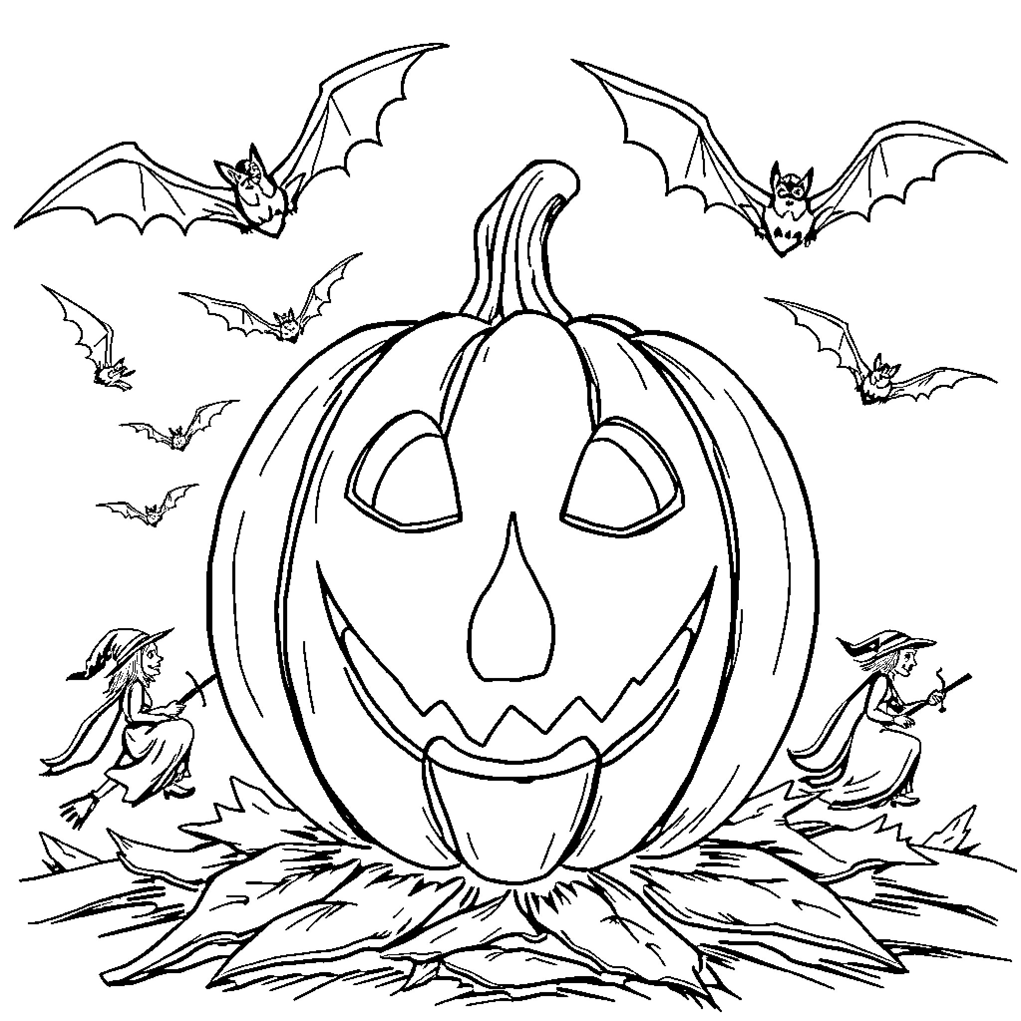 Jack-o'-lantern surrounded by playful bats and witches Coloring Page (free black-and-white line drawing printable PDF for all, from beginners to advanced learners, including children, teens, adults, and seniors)