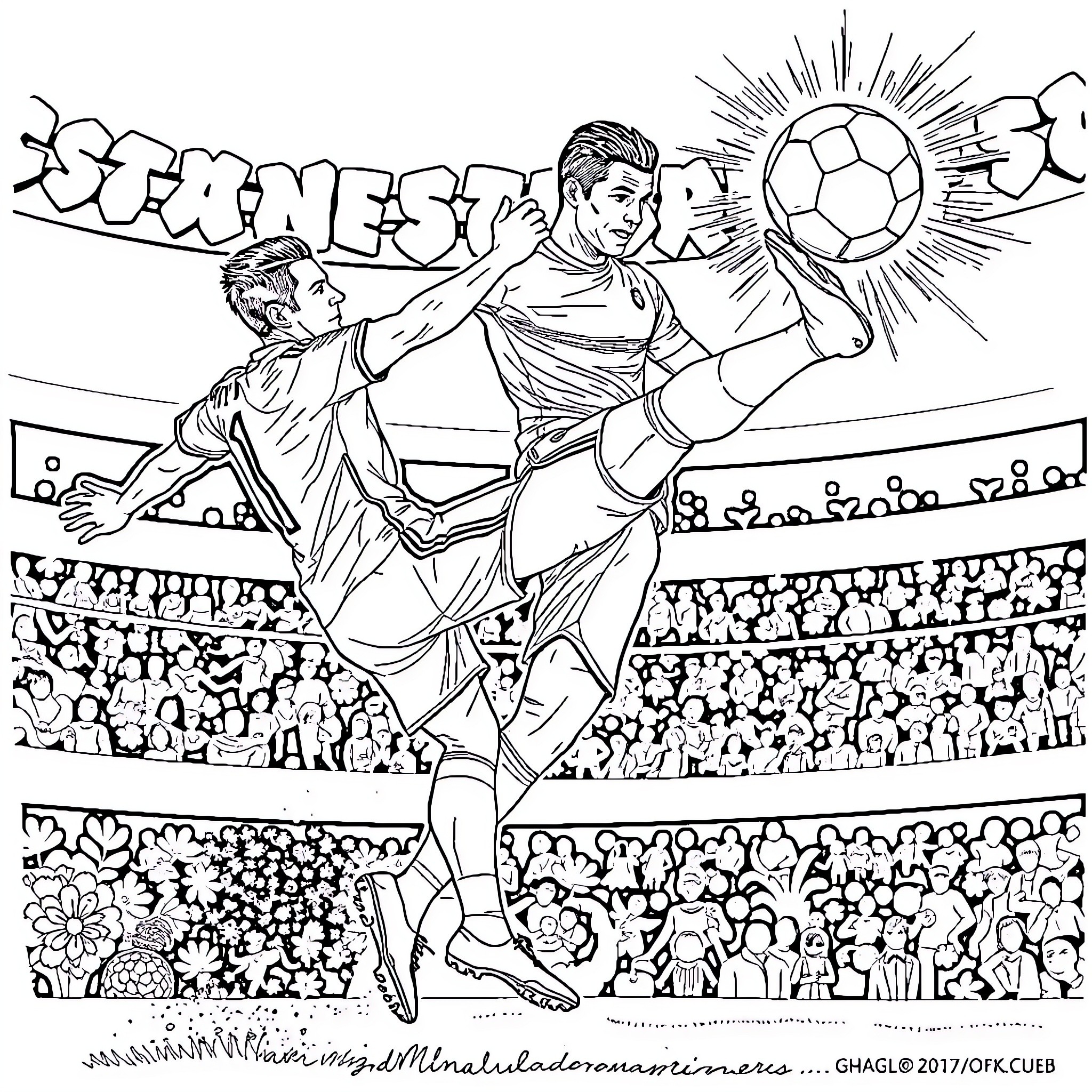 Cristiano Ronaldo performing acrobatic soccer skills in stadium Coloring Page (free black-and-white line drawing printable PDF for all, from beginners to advanced learners, including children, teens, adults, and seniors)