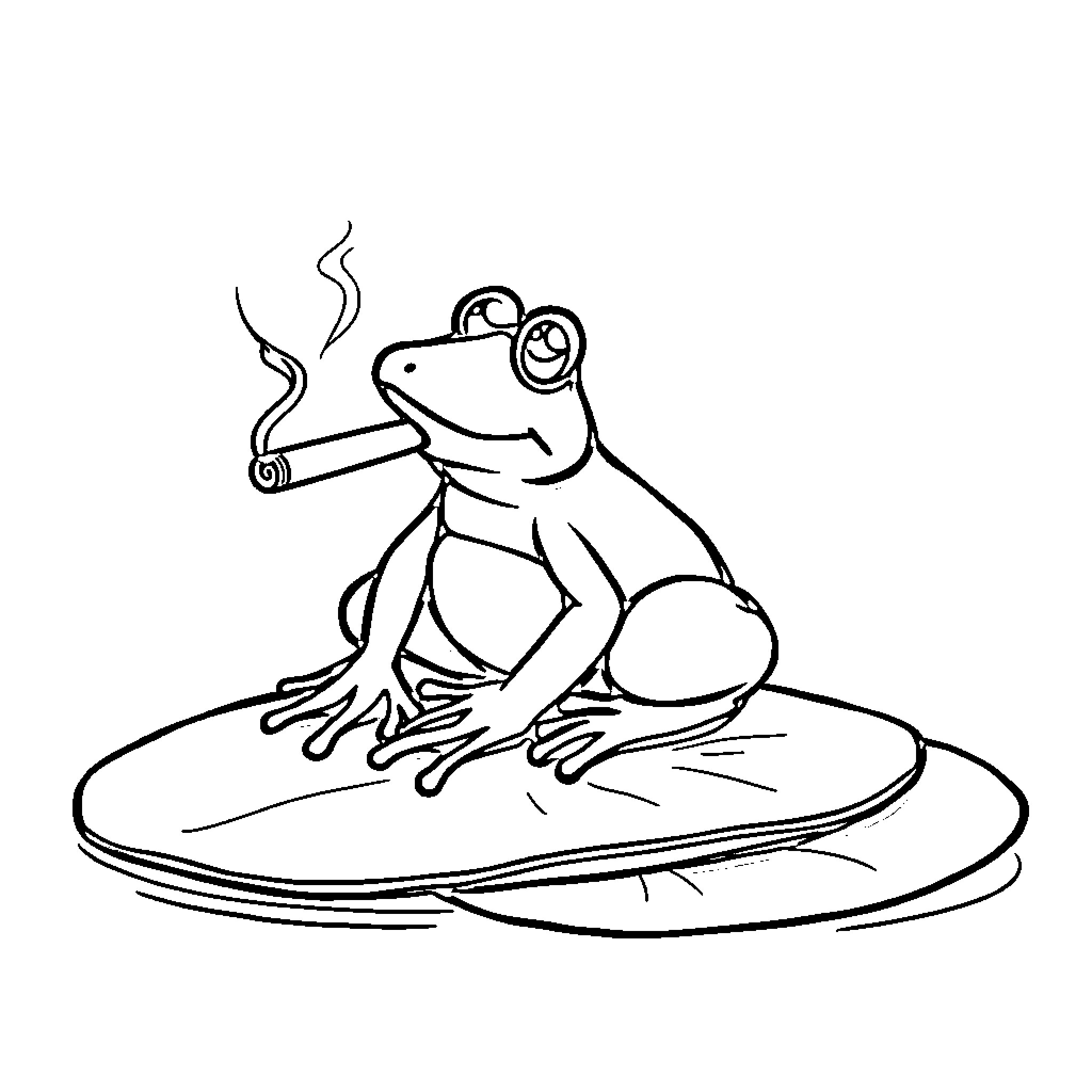 Frog relaxing with a cigar on a lily pad Coloring Page (free black-and-white line drawing printable PDF for all, from beginners to advanced learners, including children, teens, adults, and seniors)