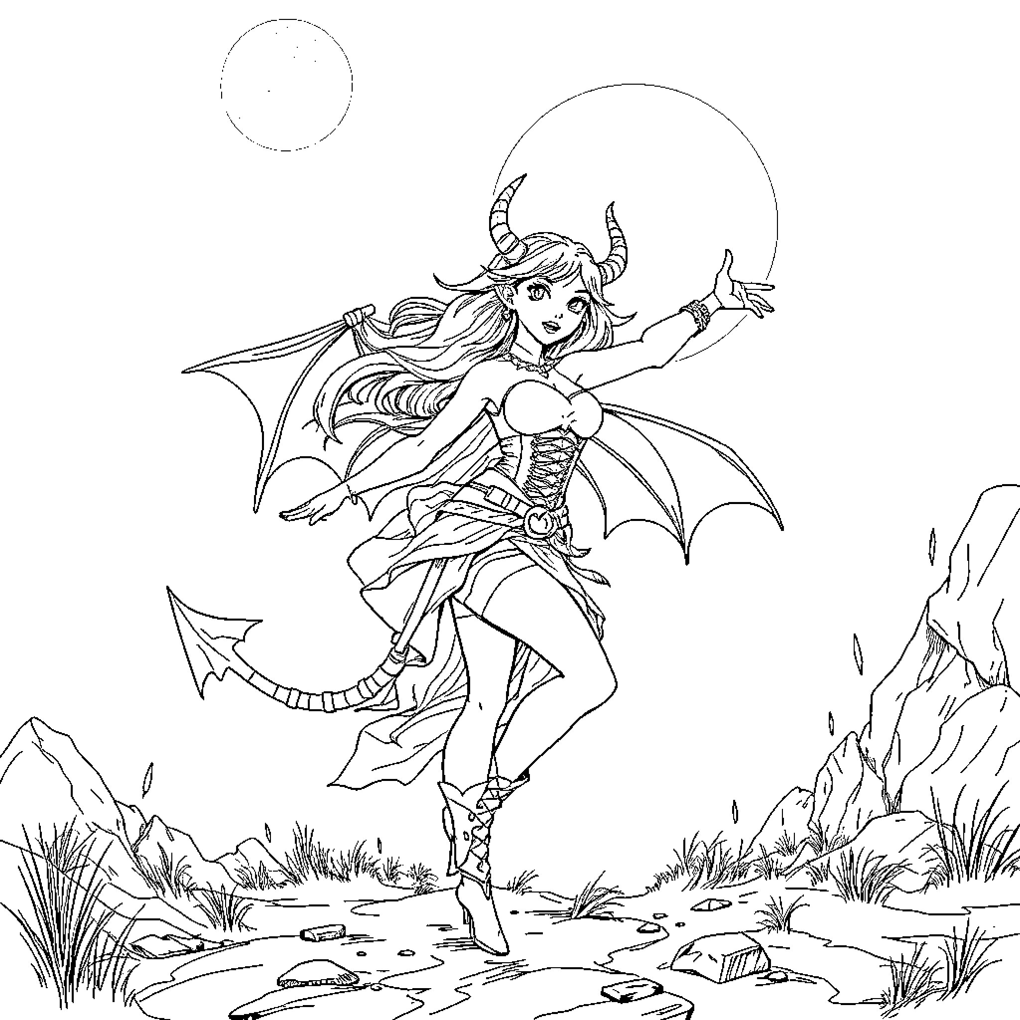 Zoey the Demon Girl in the Enchanted Forest Coloring Page (free black-and-white line drawing printable PDF for all, from beginners to advanced learners, including children, teens, adults, and seniors)