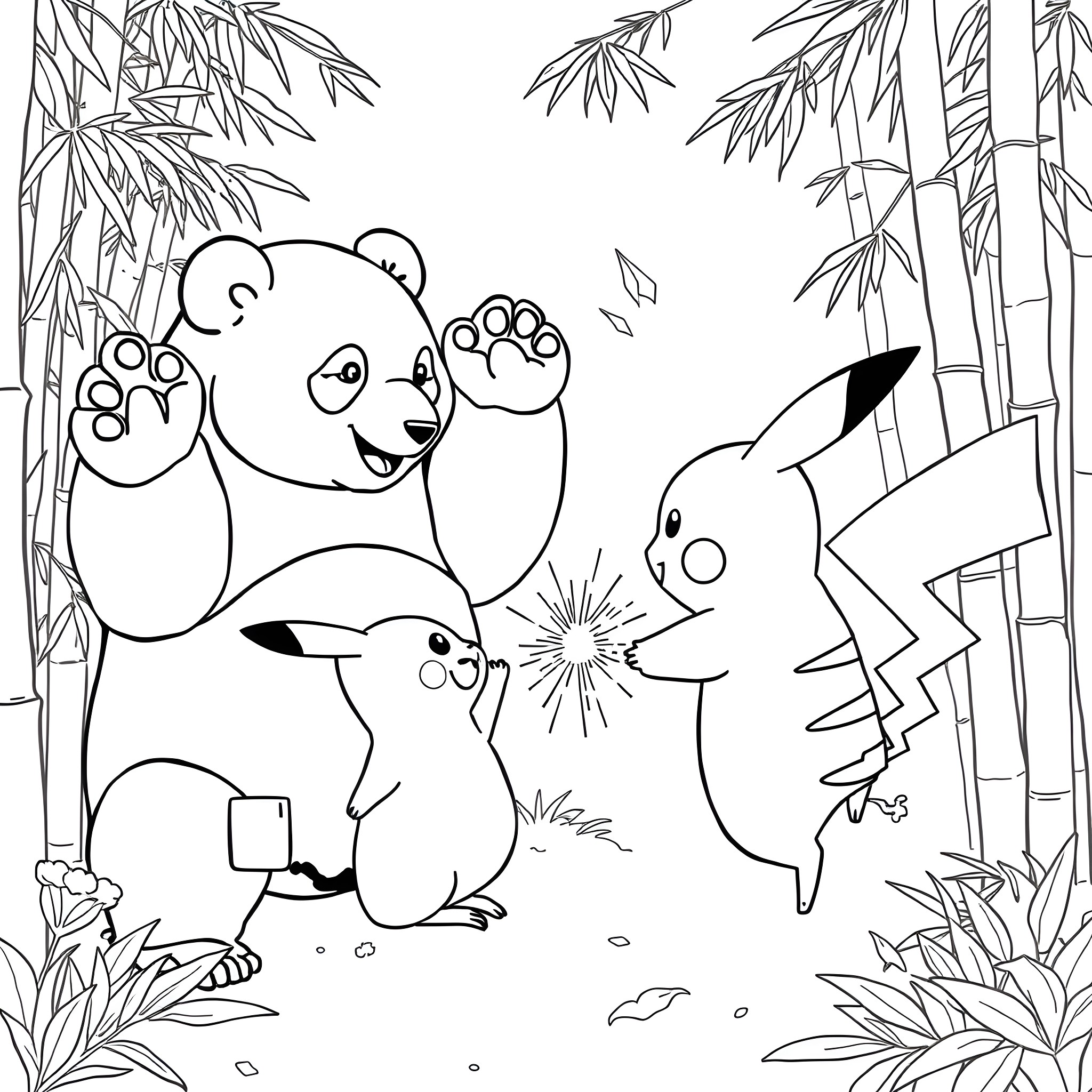 Panda and Pikachu playing together in the bamboo forest Coloring Page (free black-and-white line drawing printable PDF for all, from beginners to advanced learners, including children, teens, adults, and seniors)