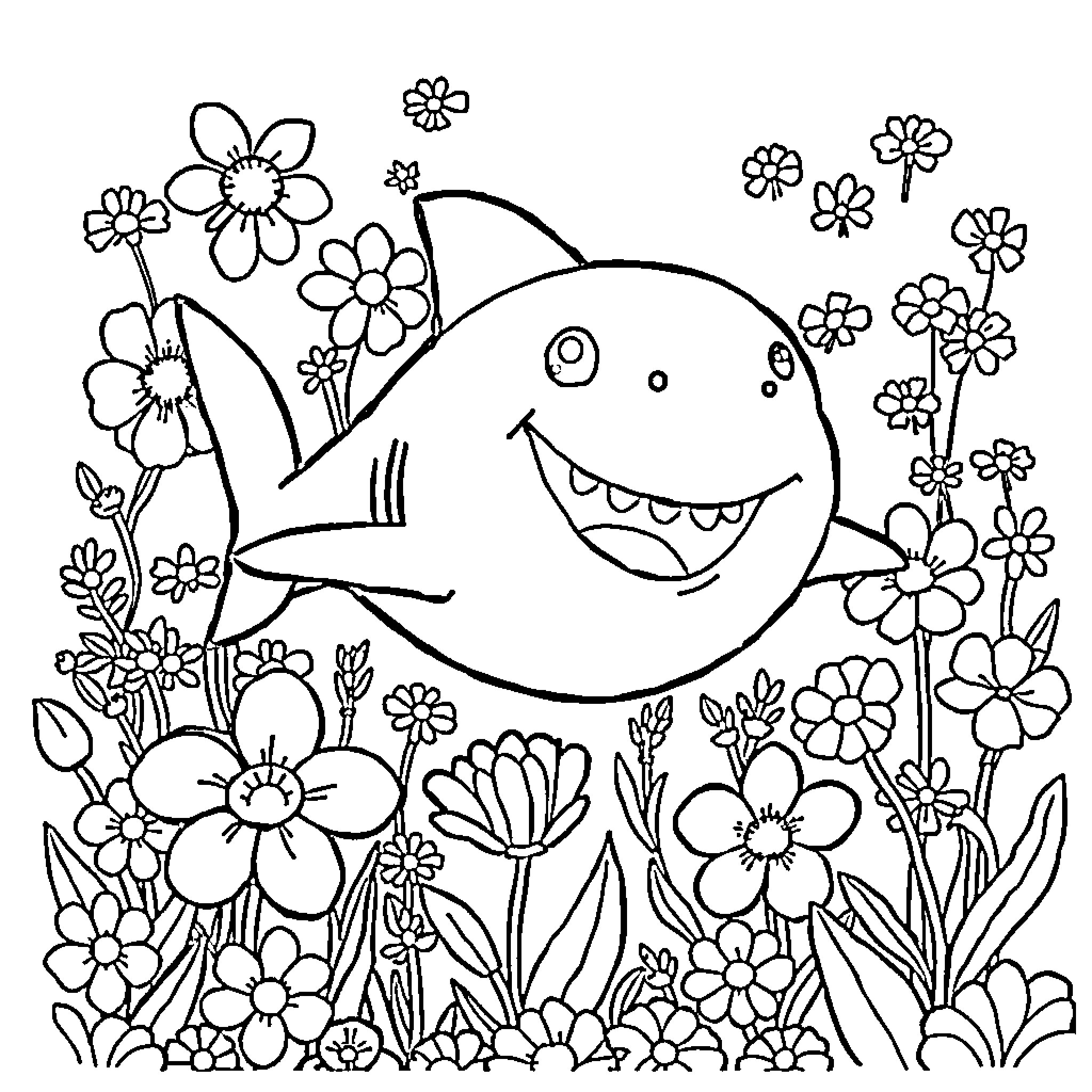 Baby Shark playing happily in a floral garden Coloring Page (free black-and-white line drawing printable PDF for all, from beginners to advanced learners, including children, teens, adults, and seniors)