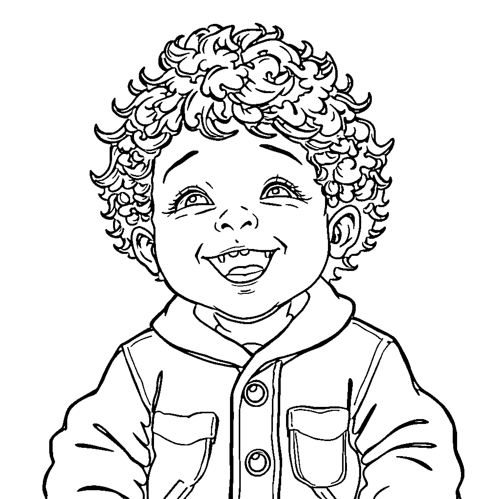 Child with curly hair smiling happily Coloring Page (free black-and-white line drawing printable PDF for all, from beginners to advanced learners, including children, teens, adults, and seniors)