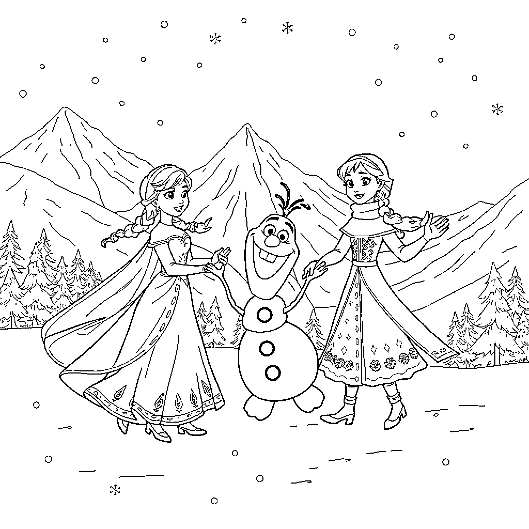 Elsa and Anna enjoying winter adventures with Olaf Coloring Page (free black-and-white line drawing printable PDF for all, from beginners to advanced learners, including children, teens, adults, and seniors)